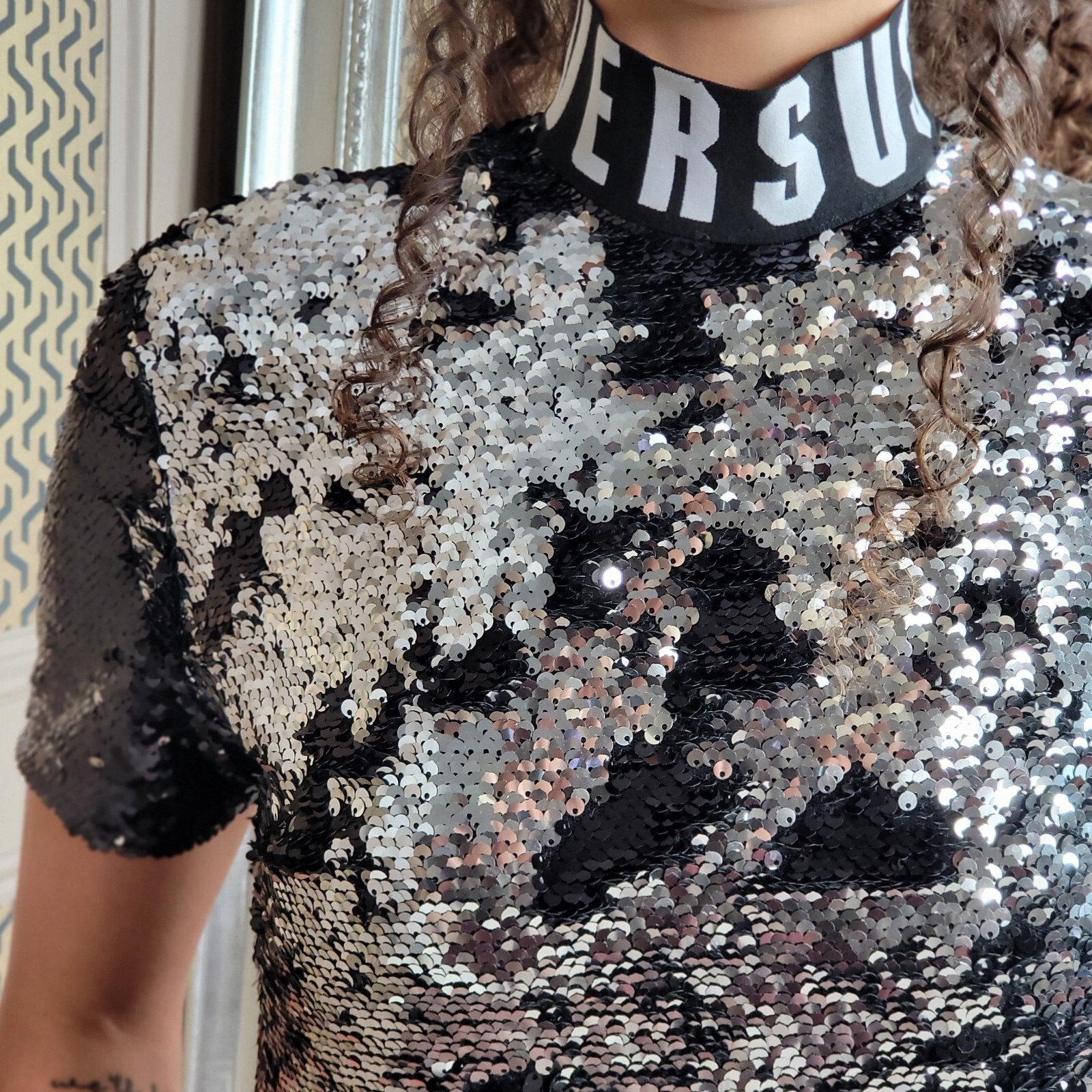 Gianni Versace Versus Silver Black Sequin Bodycon Dress Top WAS £780 38 UK 6 XS