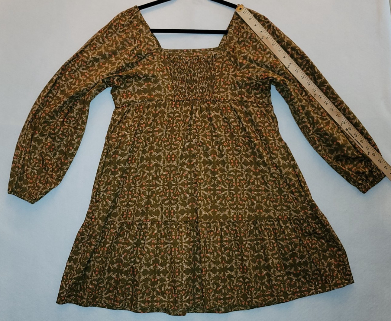 Universal Thread Olive Green Floral Smocked Tiered Mini Dress Boho Size Medium