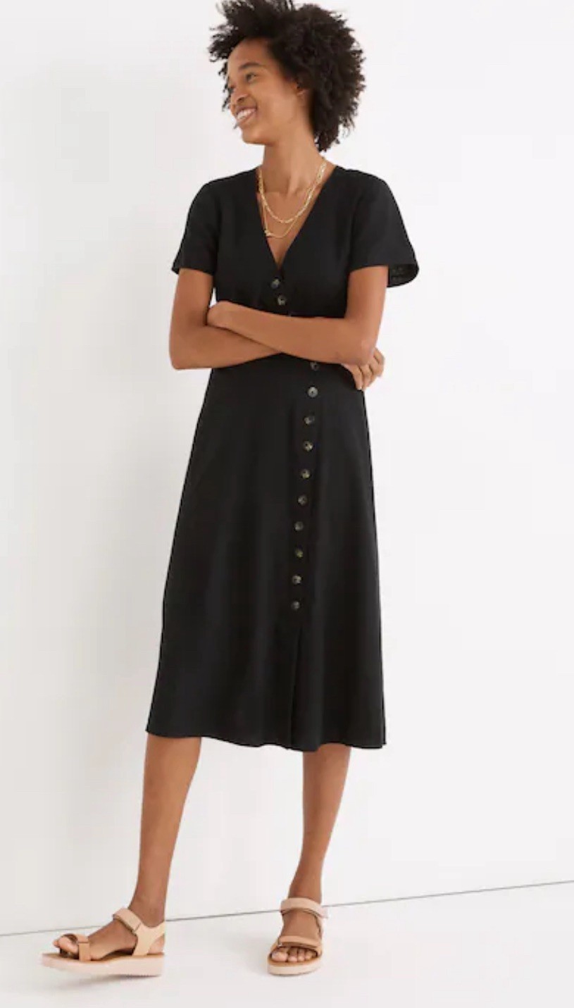 Madewell Linen Blend Button-Wrap Midi Dress, Black, size 8