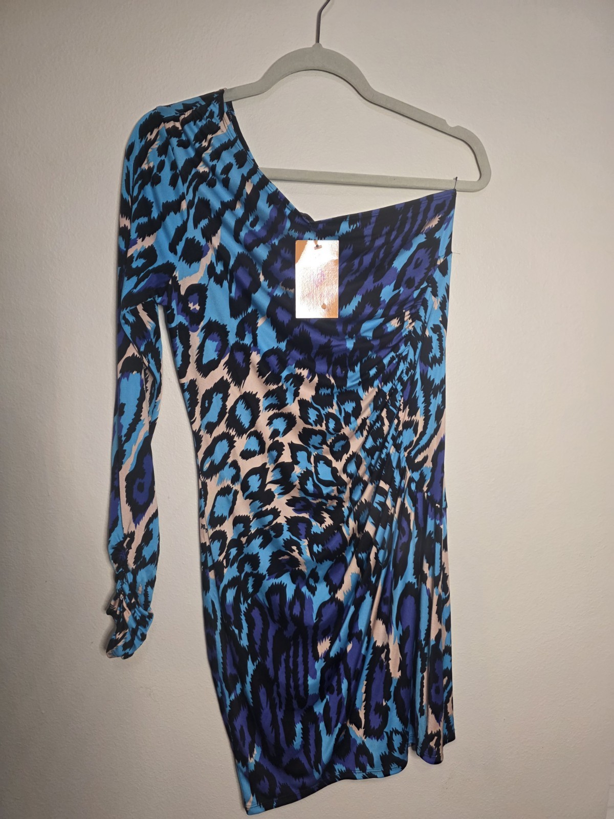 Hale Bob Women’s Leopard Animal Print Ruched Silk Satin Scoop Neck Mini Dress M
