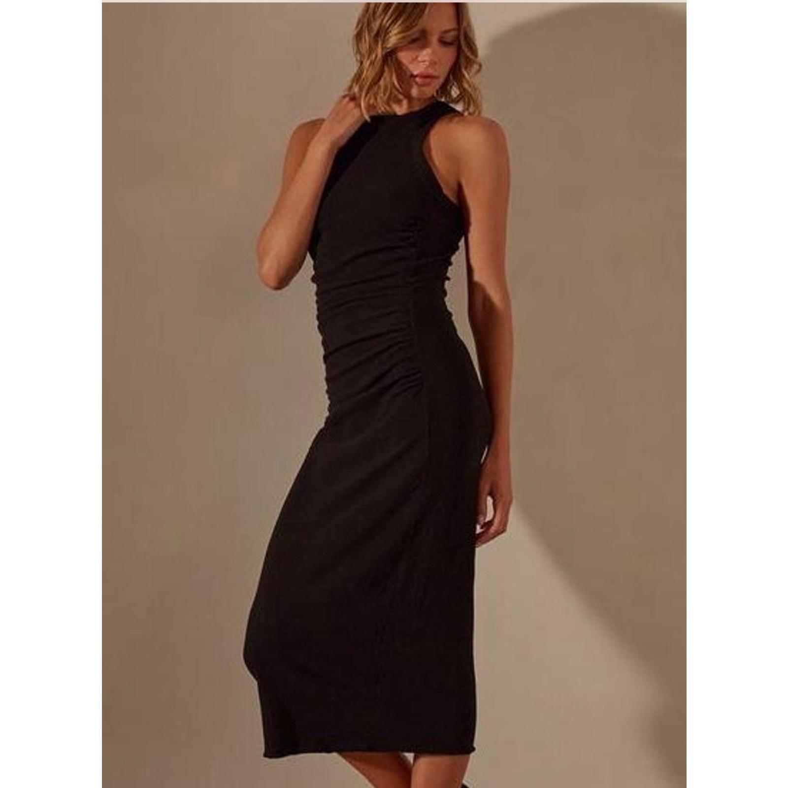 James Perse Bodycon Knit side ruched tank midi dress black sz 2 medium tencel