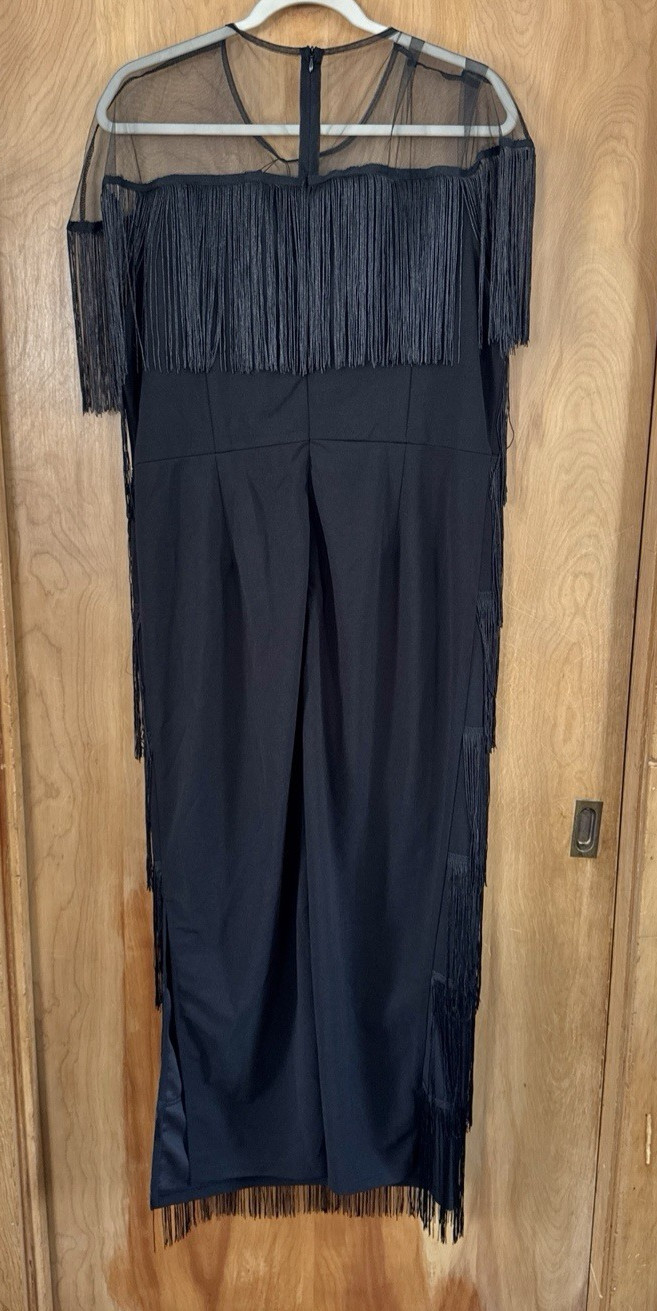 Aomei Mesh See Through Crewneck Patchwork Tassel Tiered Fringe Long Dress Sz 3XL