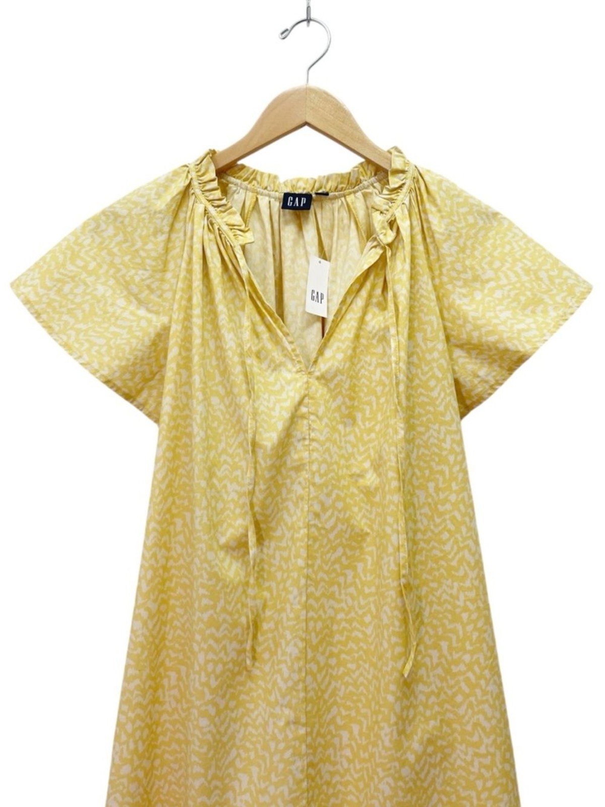 NWT Gap Yellow Print Flutter Sleeve Dress M Tall Cotton Ruffle Tie Neck Shift