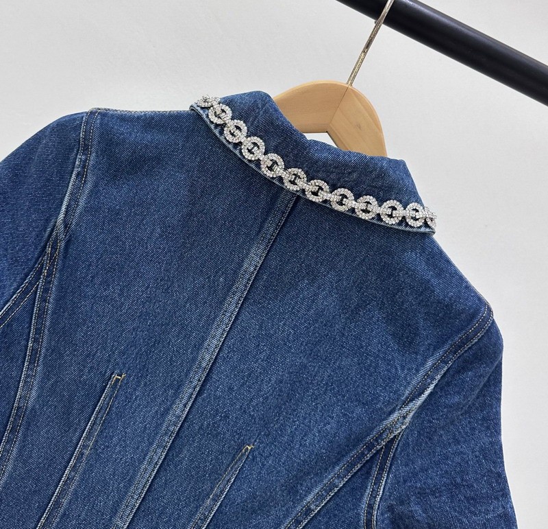 Self-Portrait Flip collar Diamond setting Single-row buckle Denim Dresses