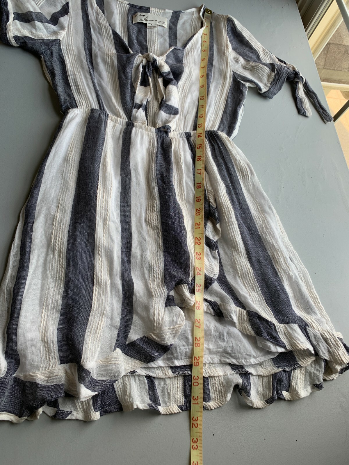 Vintage Havana Striped keyhole front Ruffle Dress Blue White Small Tie Front S