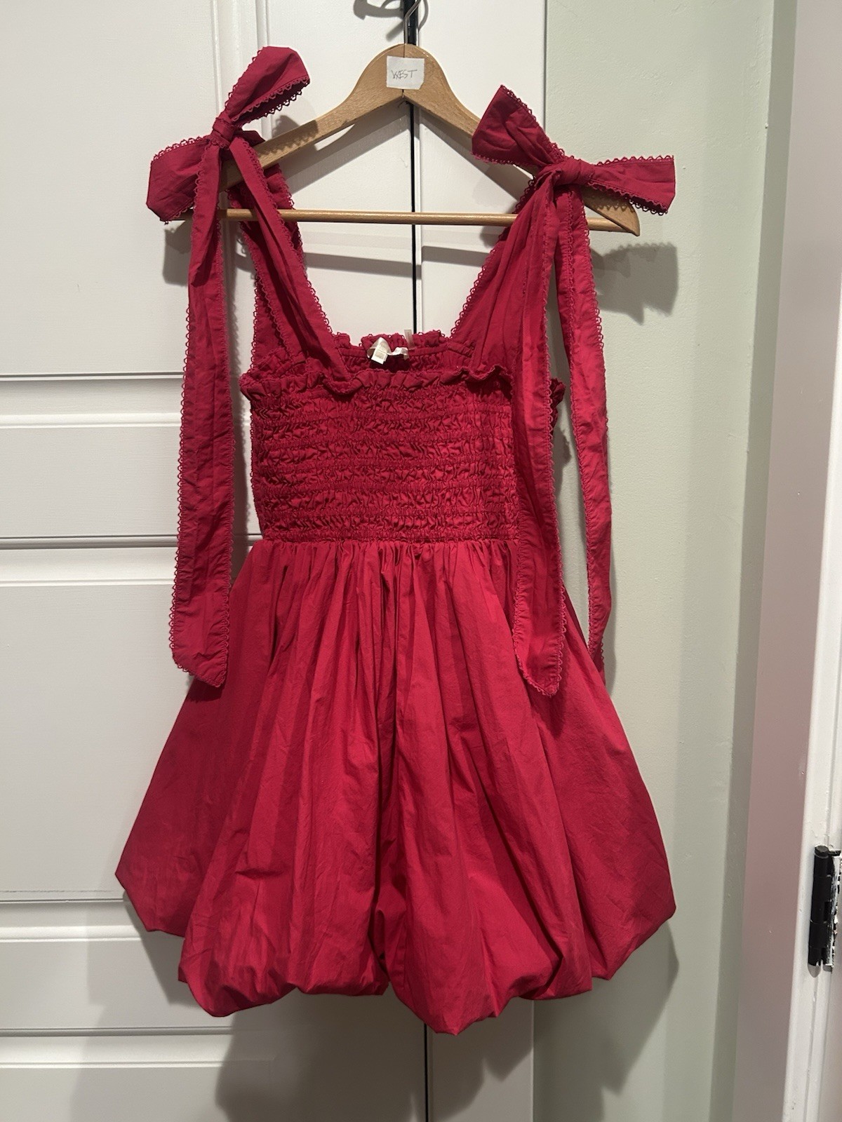 LoveShackFancy Smocked Bow Strap Bubble Hem Mini Dress XS Pink