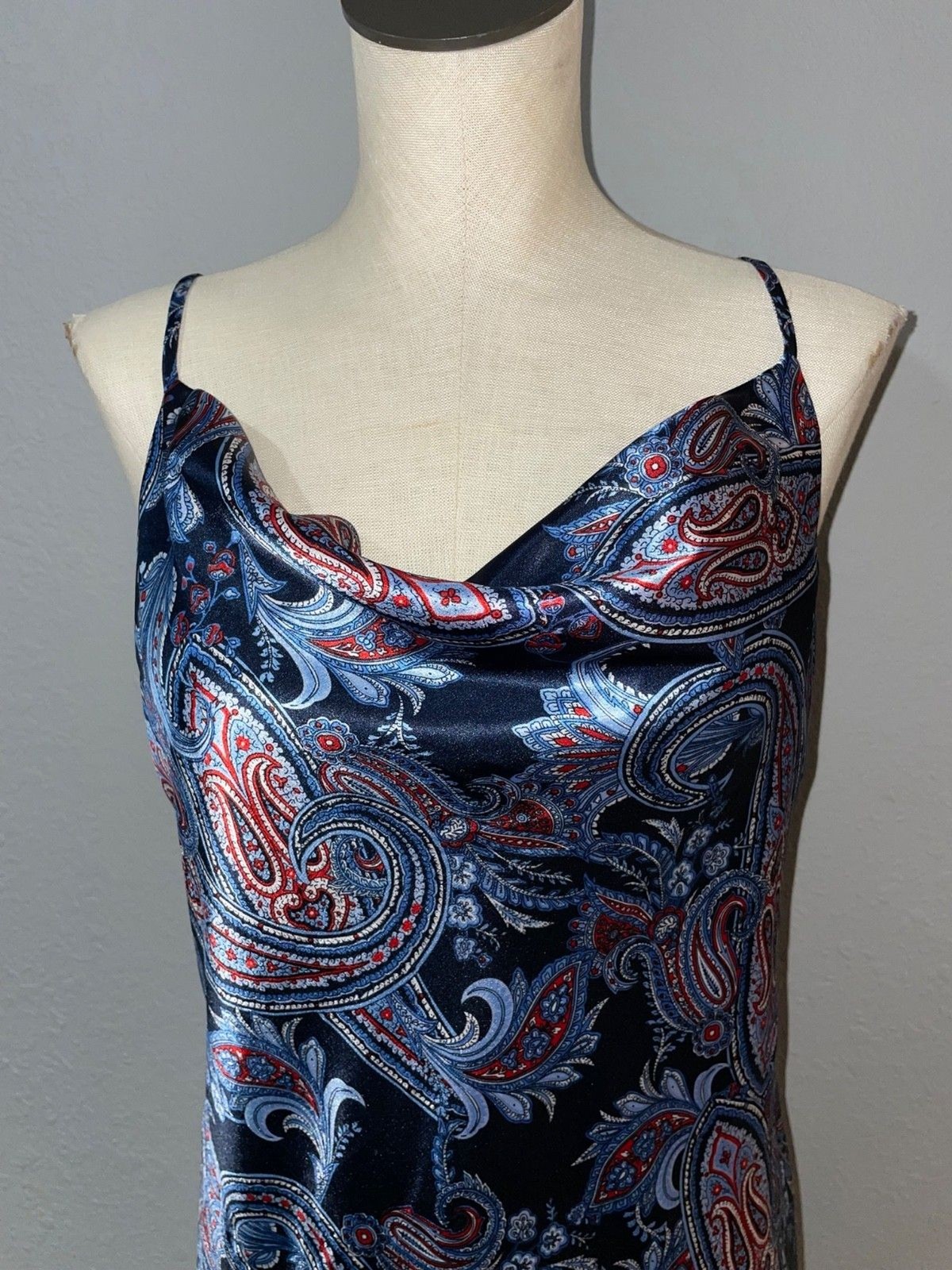Emma & Michele Women’s Satin Paisley Slip Midi Dress size S Cowl Neck Elegant