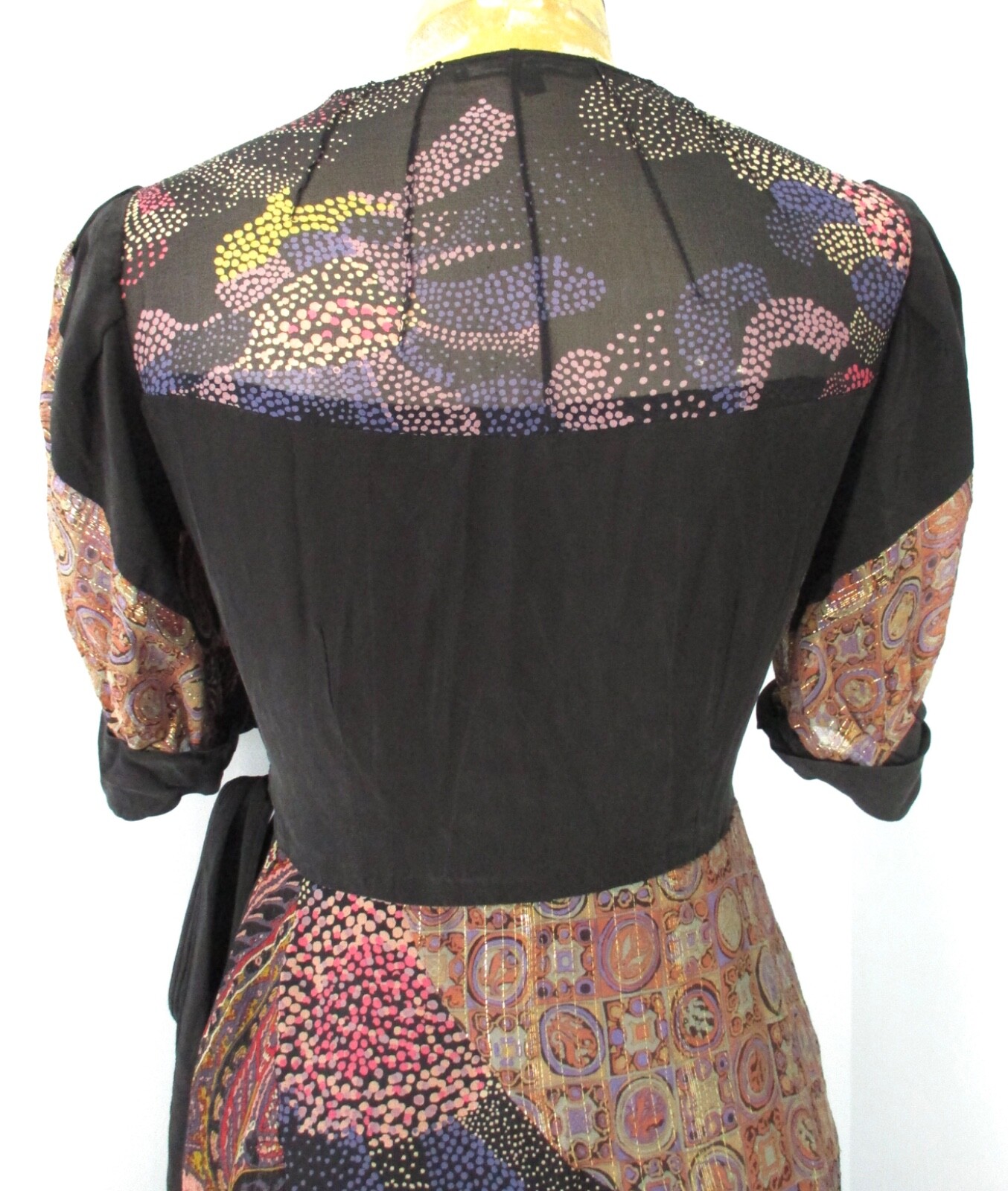 Nanette Lepore Black Pink Sparkly Gold Paisley True Wrap Boho Dress Sheer Back 4