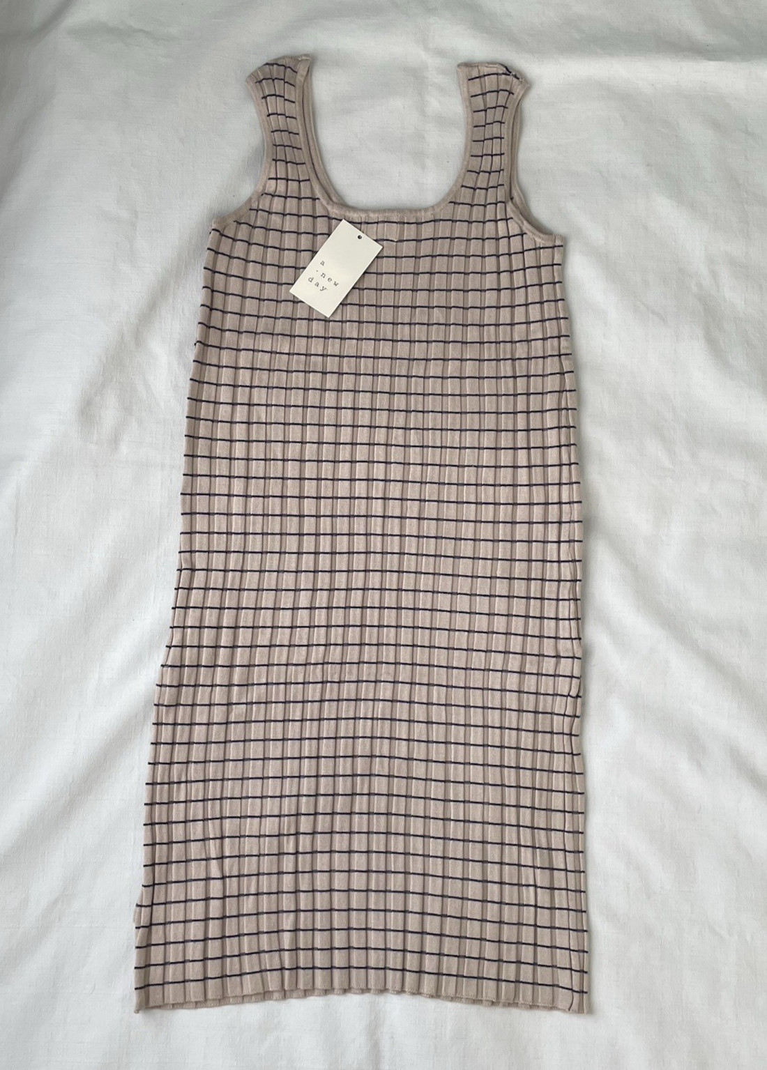 A New Day Women’s Dress L Tan/Navy Ribbed Very Stretchy – New w/ Tags