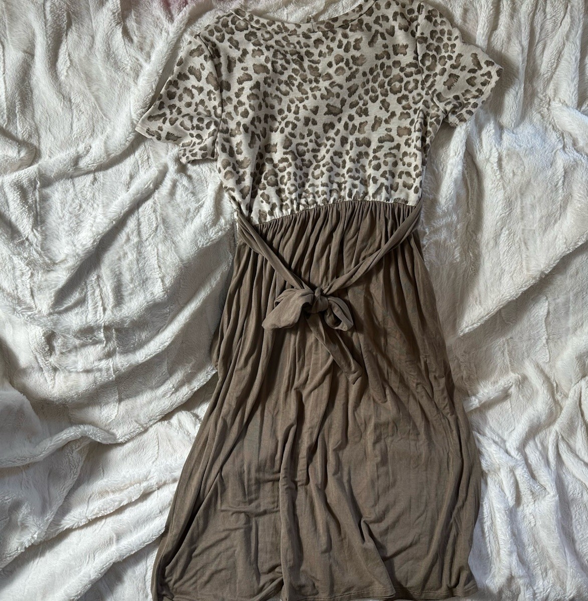 7th Ray Brown Leopard Animal Print A-Line Knee Length Dress Cap Sleeve Size L