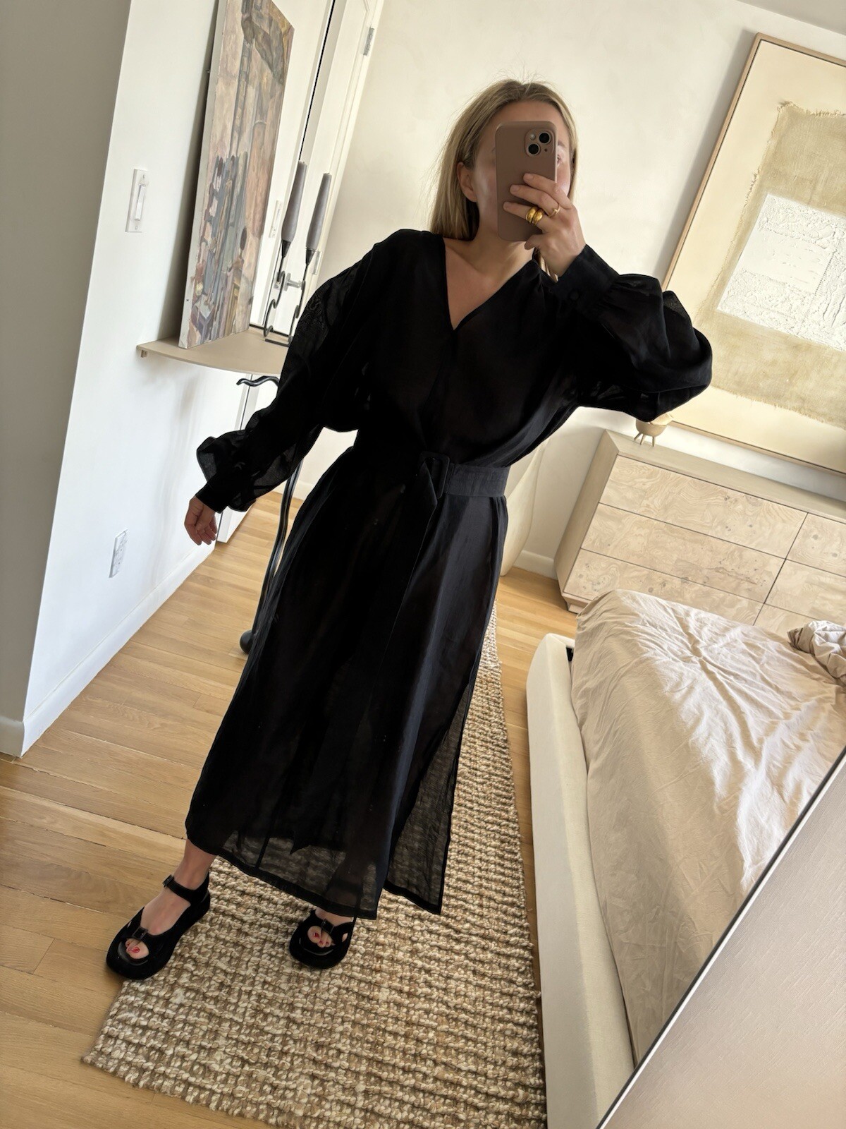 Remain Birger Christensen Black Linen Silk Mix Midi Gauze Dress Size Small