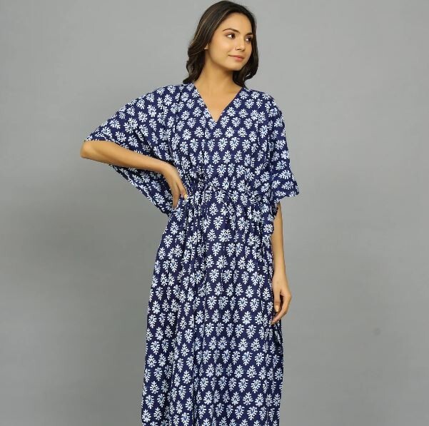 Hand Block Printed Kaftan, Maxi Christmas Dress, Holiday Lounge Wear, Best Gifts