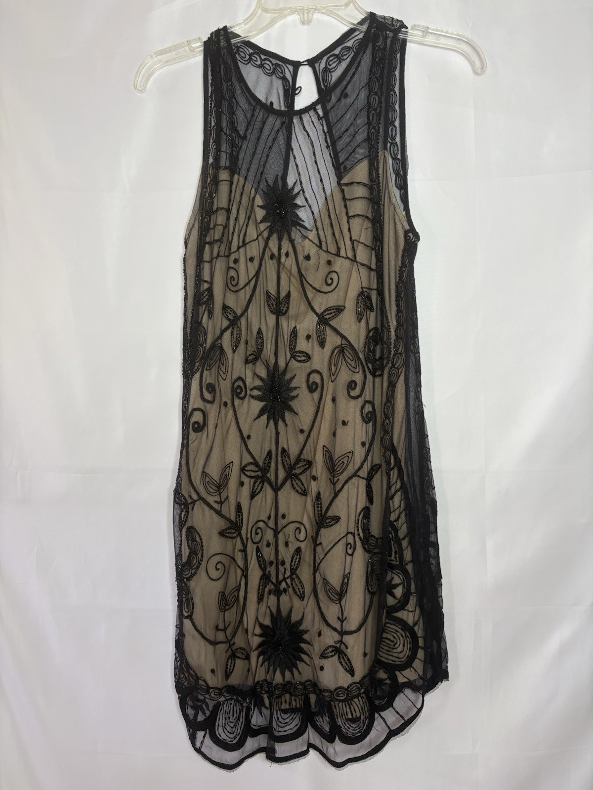 Abercrombie & Fitch Women’s sz Large Beige Black Mesh Floral Shift Dress Beaded
