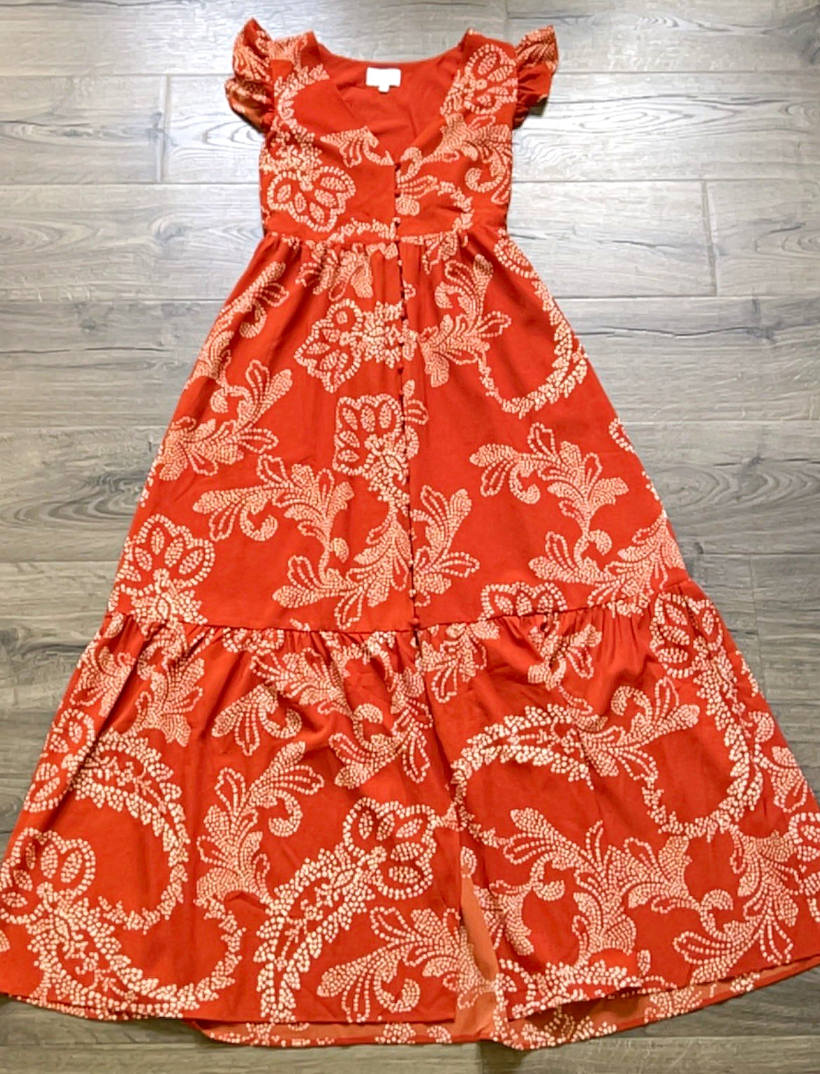 SugarLips Women’s Orange White Floral V-Neck Flutter Sleeve Smocked Maxi M