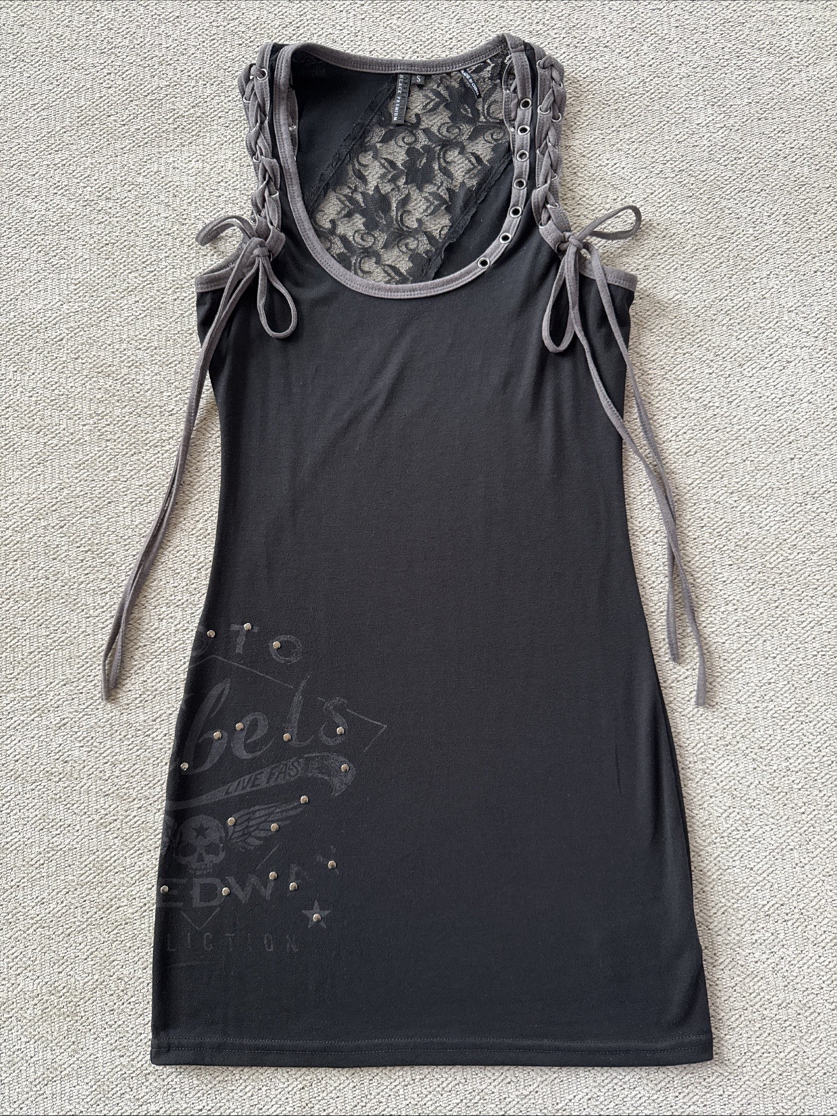 Affliction Black Label Women’s Lace Inset Dress/Long Tank Top Small Black