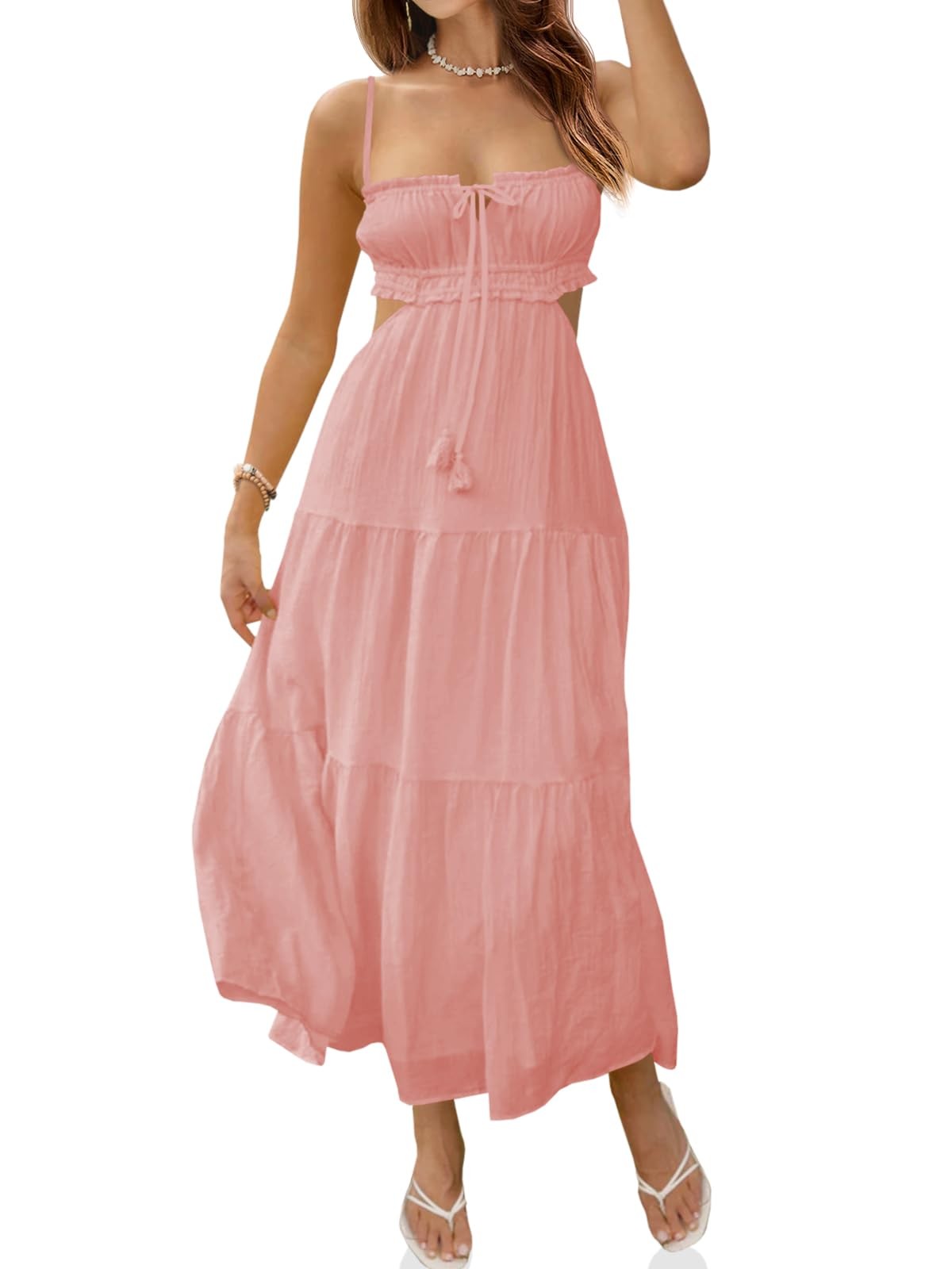 Fisoew Women’s Maxi Dress Rp5847 Light Pink Spaghetti Strap Boho Flowy Small