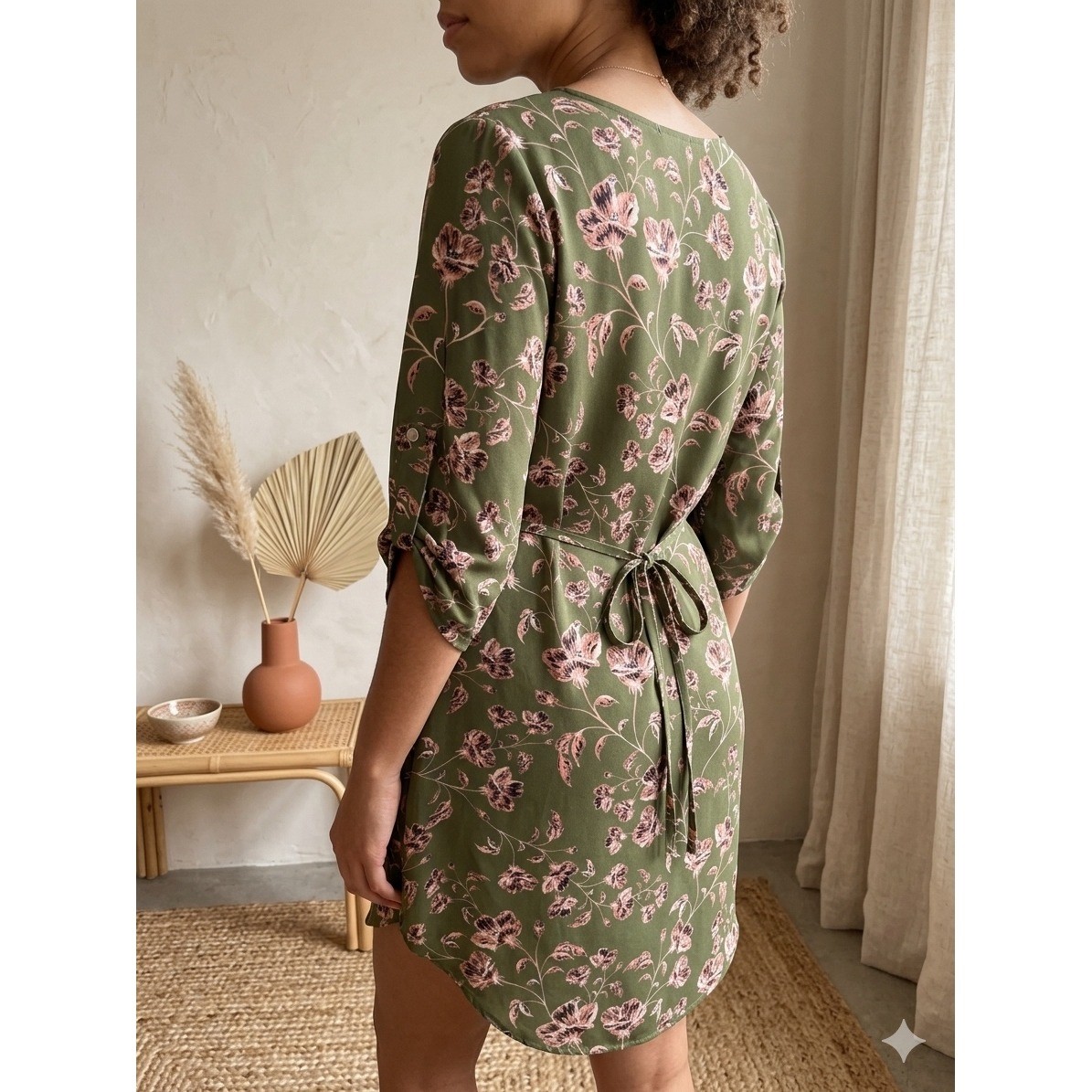 Verse Olive Green Pink Floral V-Neck Roll Tab Sleeve Shift Mini Dress Womens