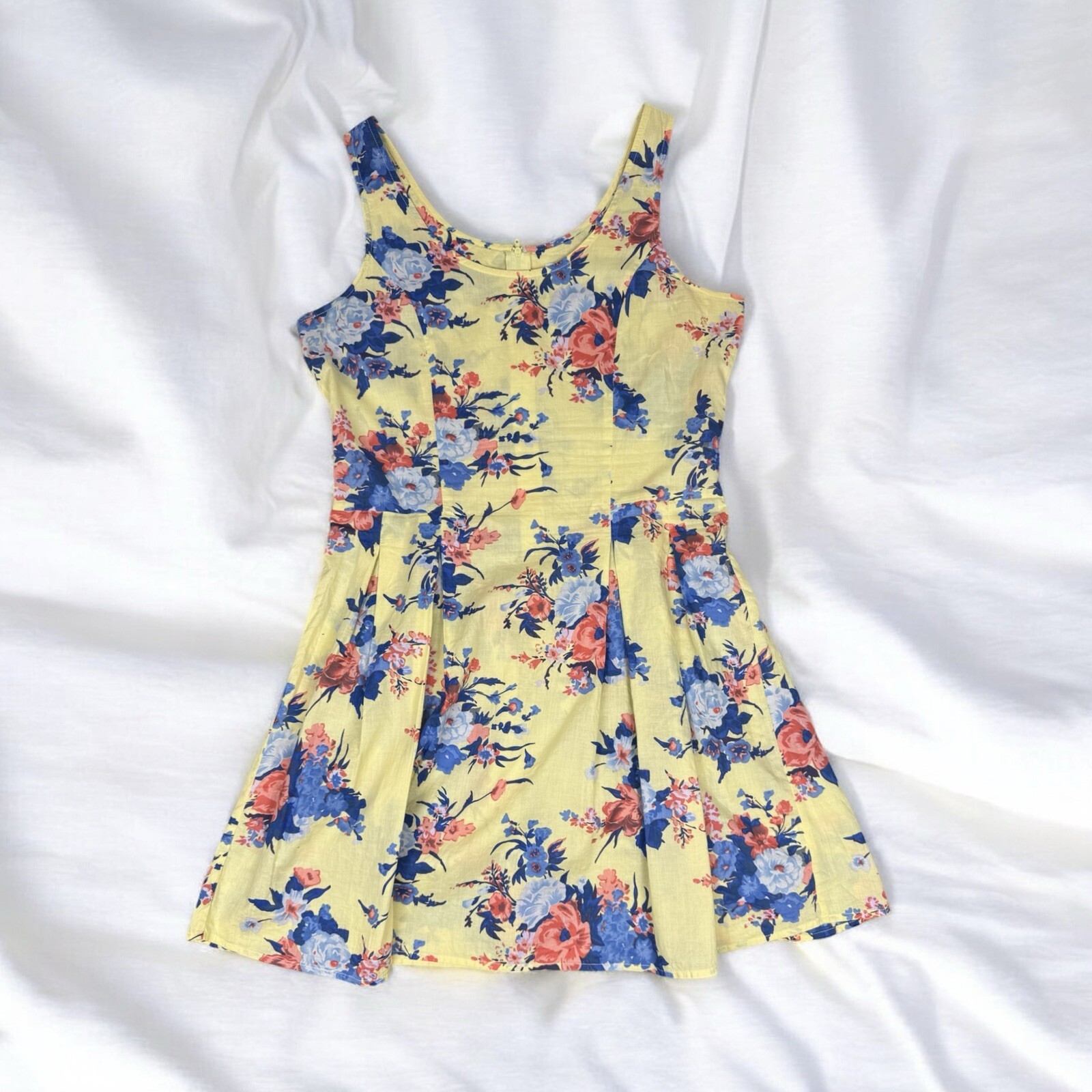 Yellow Flower Print Cotton Sundress Fit Flare Cottagecore Summer Boho Beach US 9