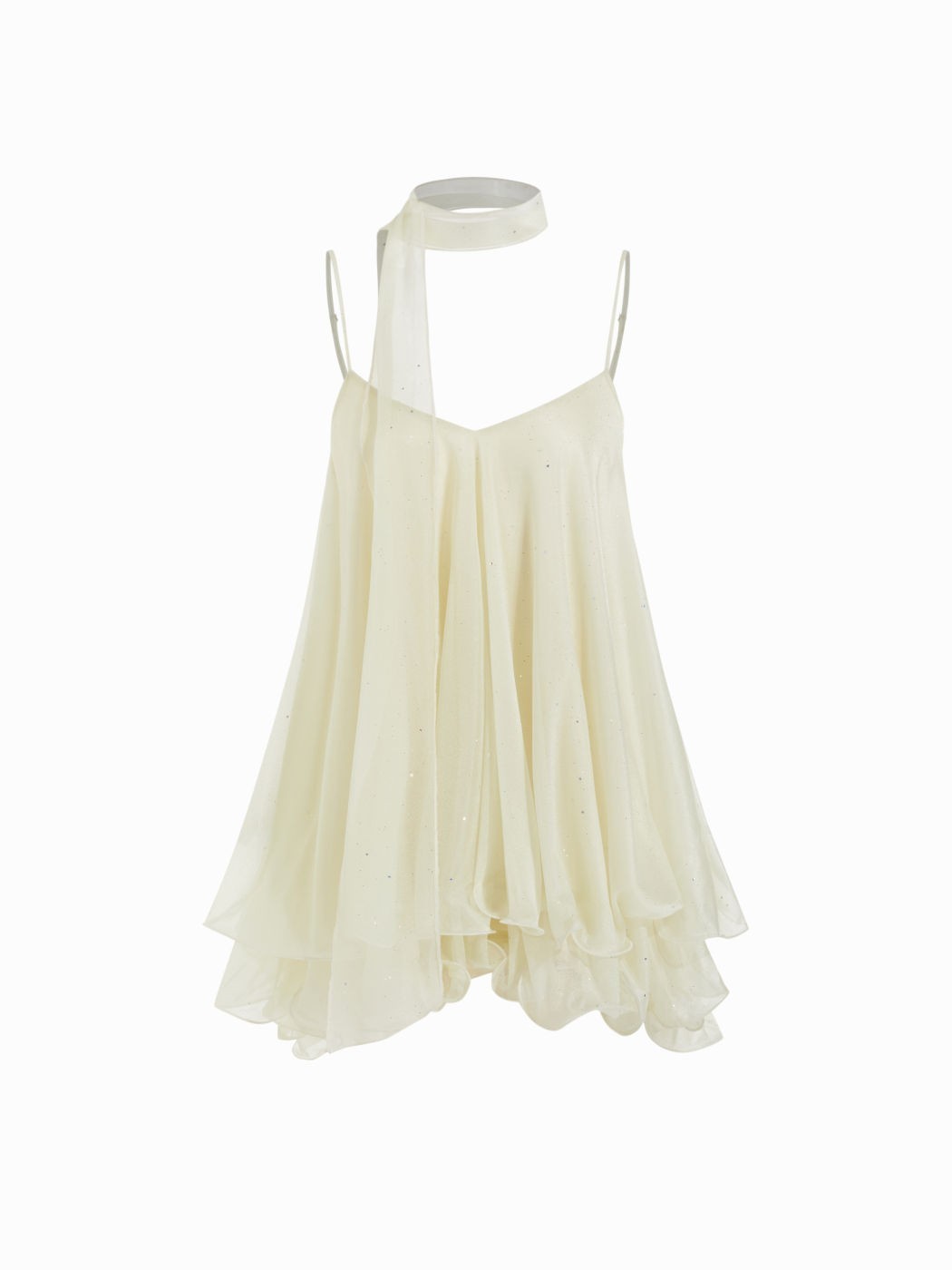 Sequin V-Neck Halter Ruffled Hem Oversized Mini Dress With Scarf