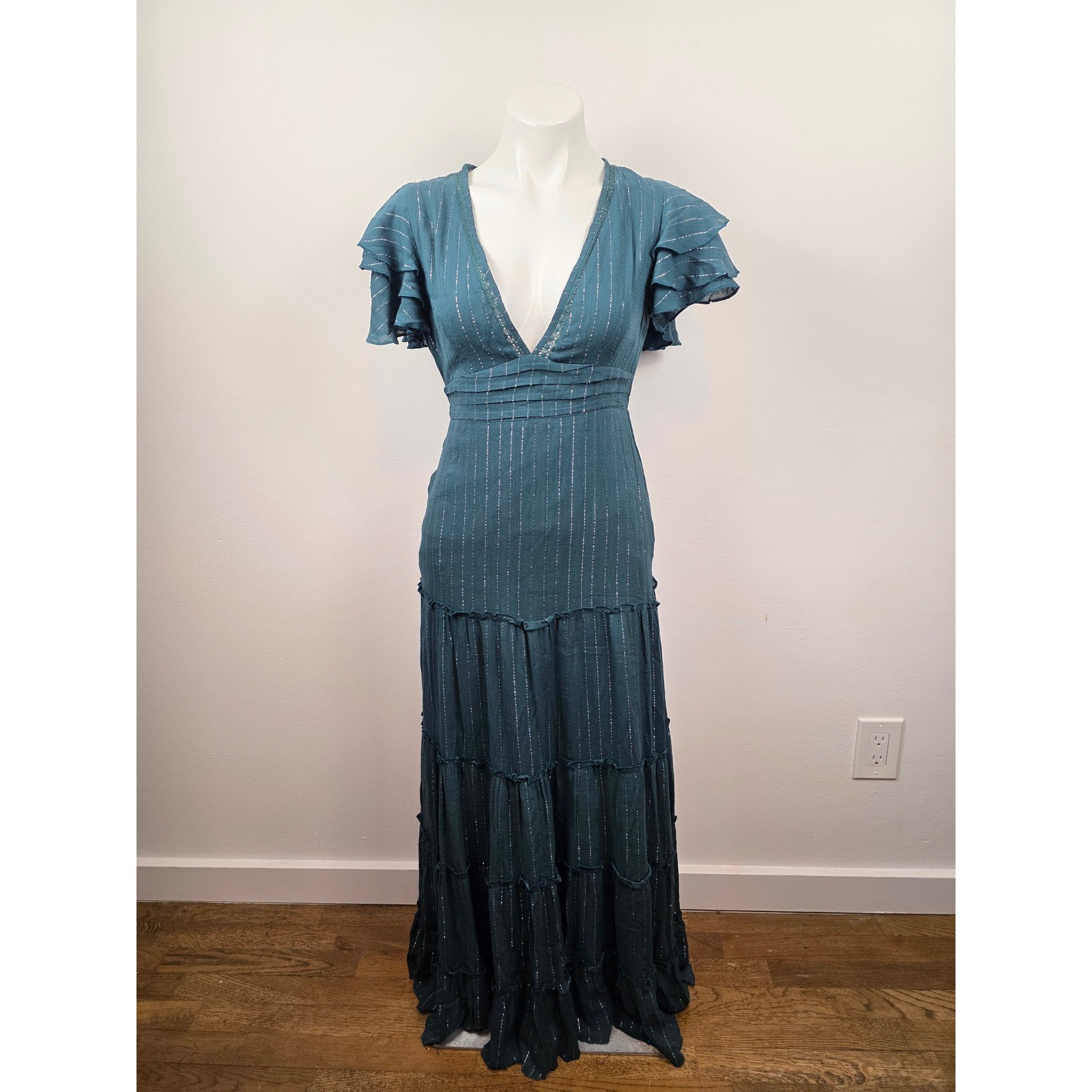 Cleobella Teal Green Metallic Silver Pinstripe Tiered Maxi Dress XS Open Back