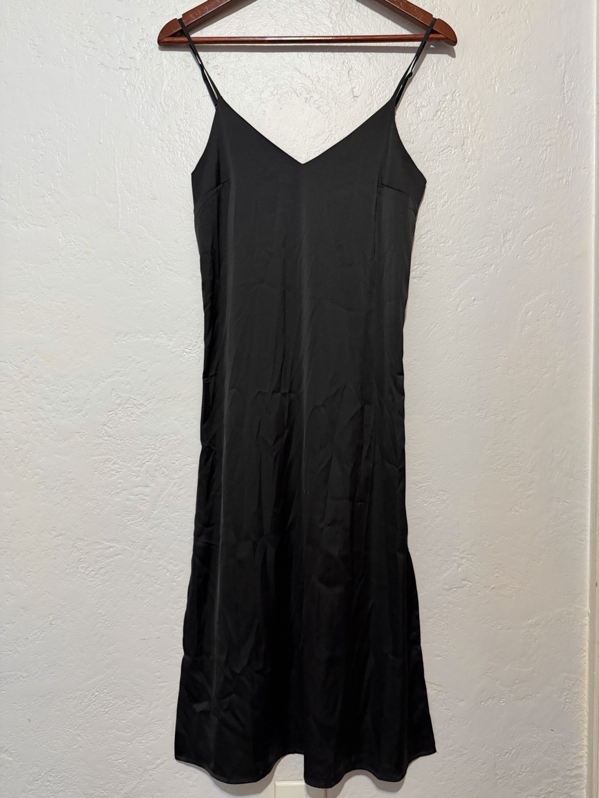 The Drop Black Ana Slip Dress XS Satin Feel Midi Dress Minimalist Chic