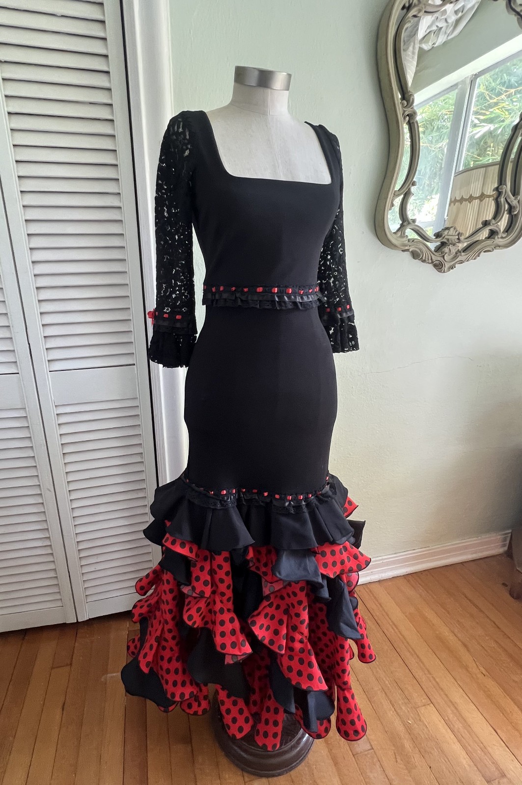 Authentic Flamenco Gypsy Dress Feria Spain Black Red Polka Dot Closet Creations