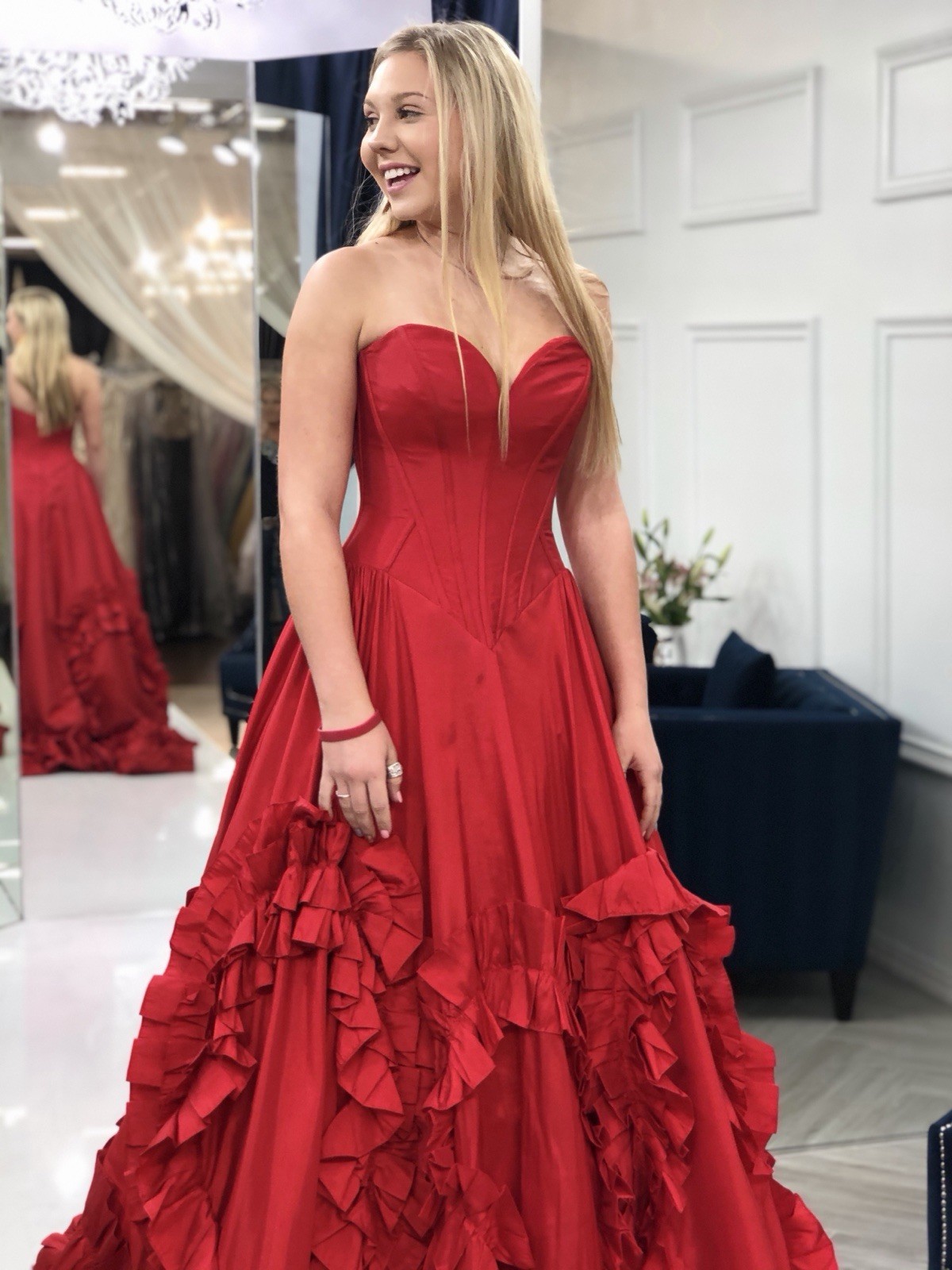 Original & Rare Satin Strapless Ruffle Long Formal Ballgown Dress Size S
