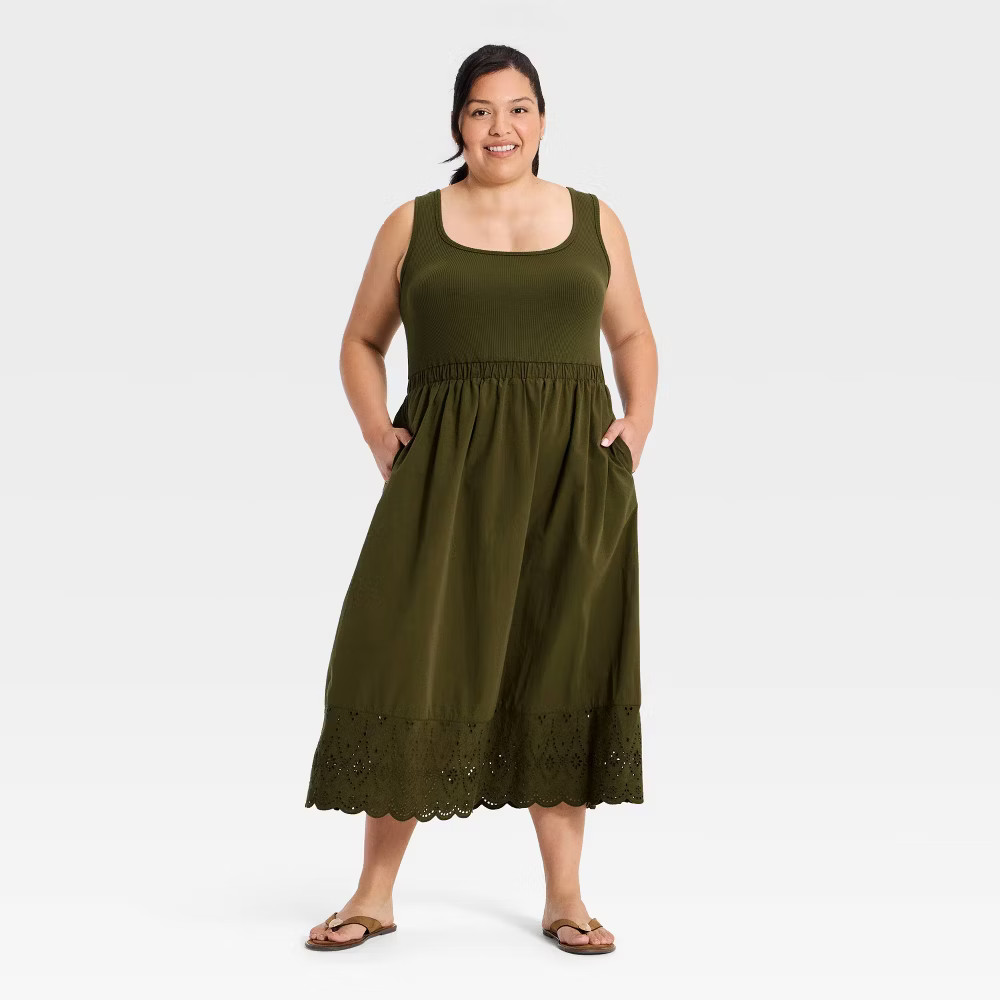 Women Sleeveless Ribbed Square Neck Midi Dress – Ava & Viv Olive