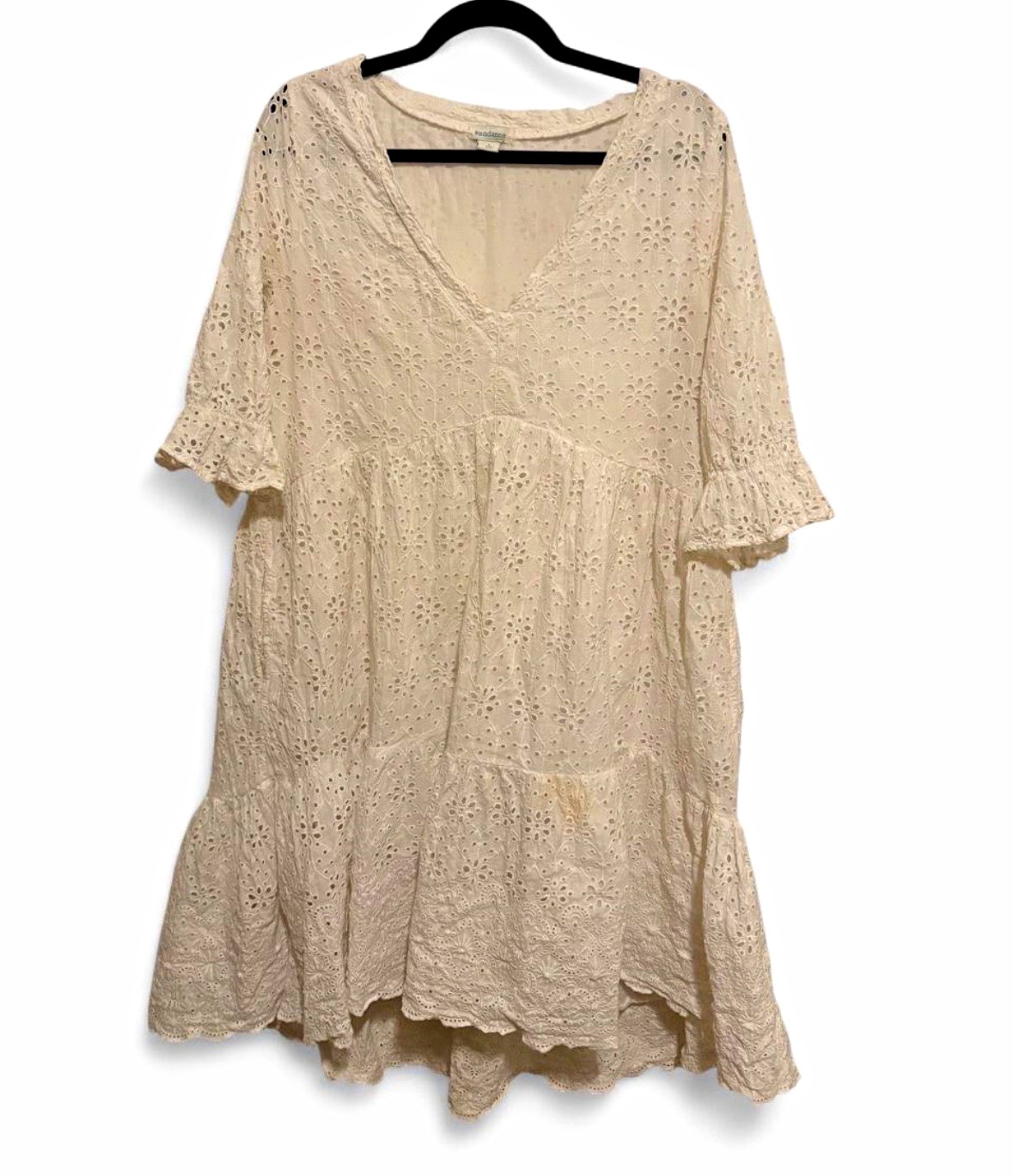 Sundance Jasmine Eyelet Dress L V-Neck Cream White Lined A-Line Knee 3/4 Sleeve