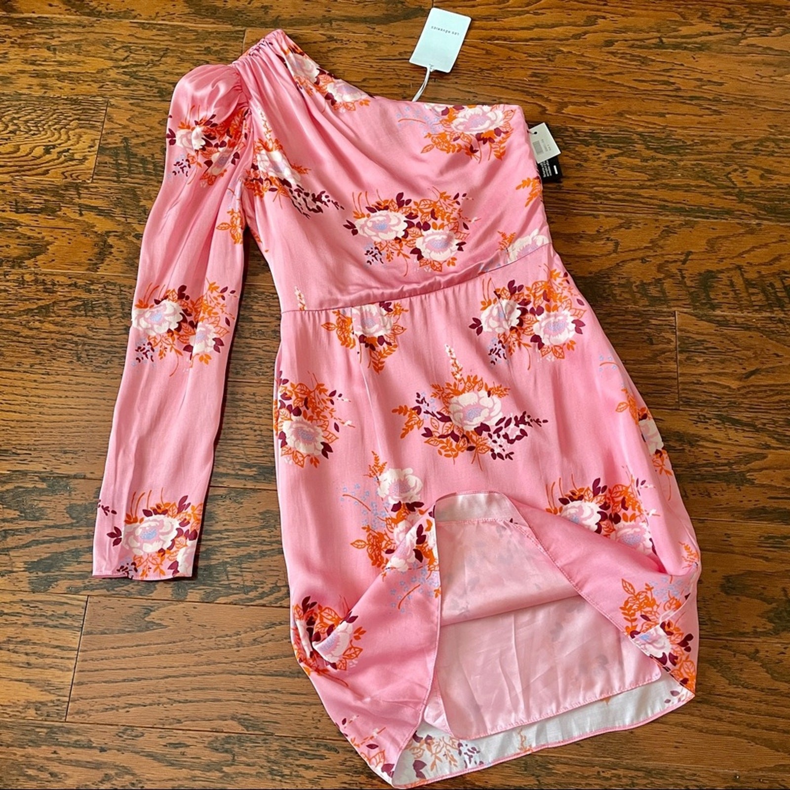 NWT Les Reveries One-Sleeve Matte Satin Dress in Pink Gardenia – $425 Retail