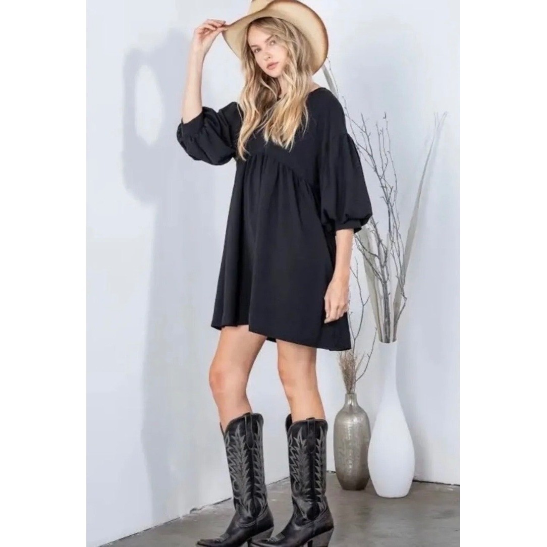 NWT Women Black Babydoll Mini Dress Puff Sleeve M oversized Minimalist Boho