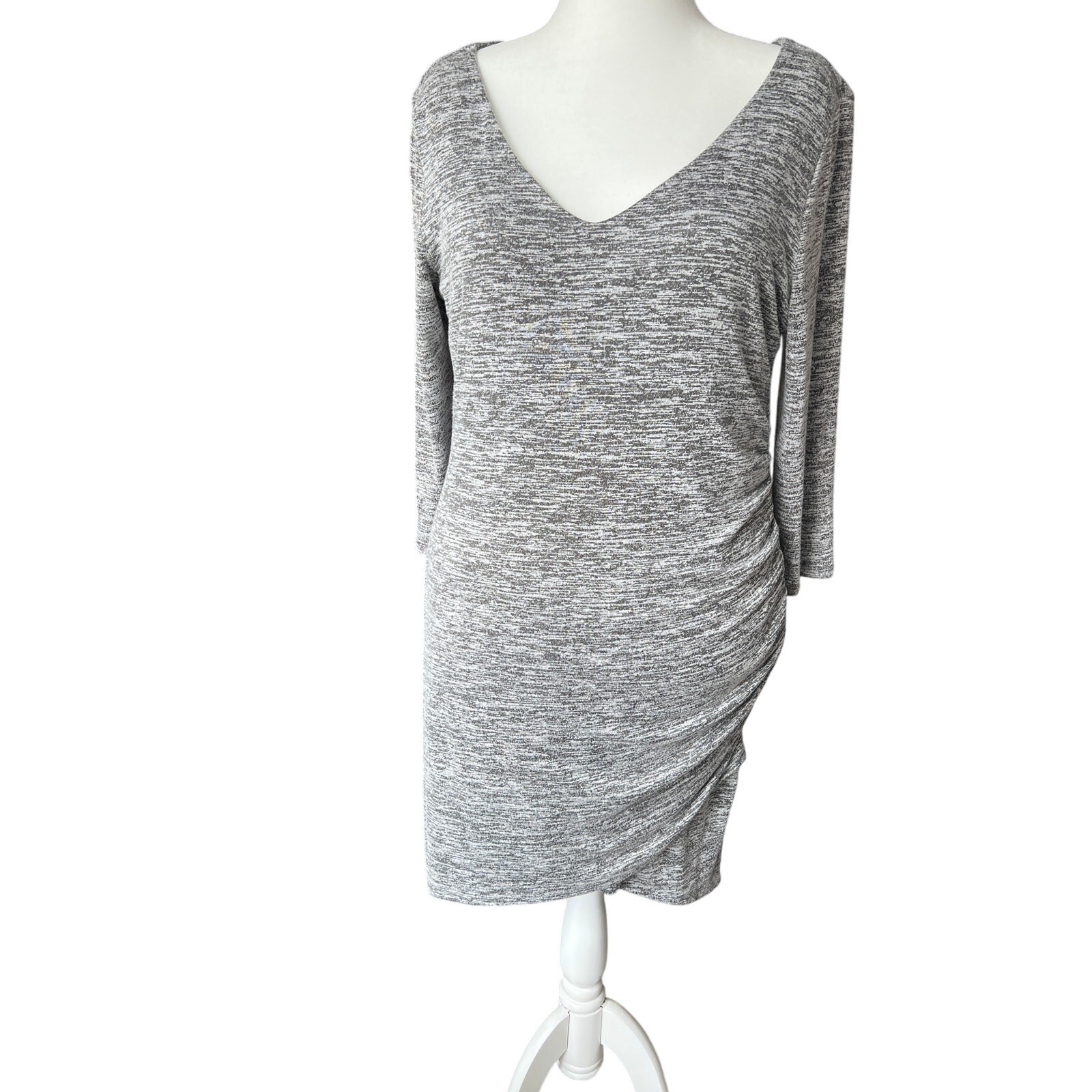 Free Press Heathered Gray Stretch Ruched V-Neck Dress Women’s Size L Easy Travel