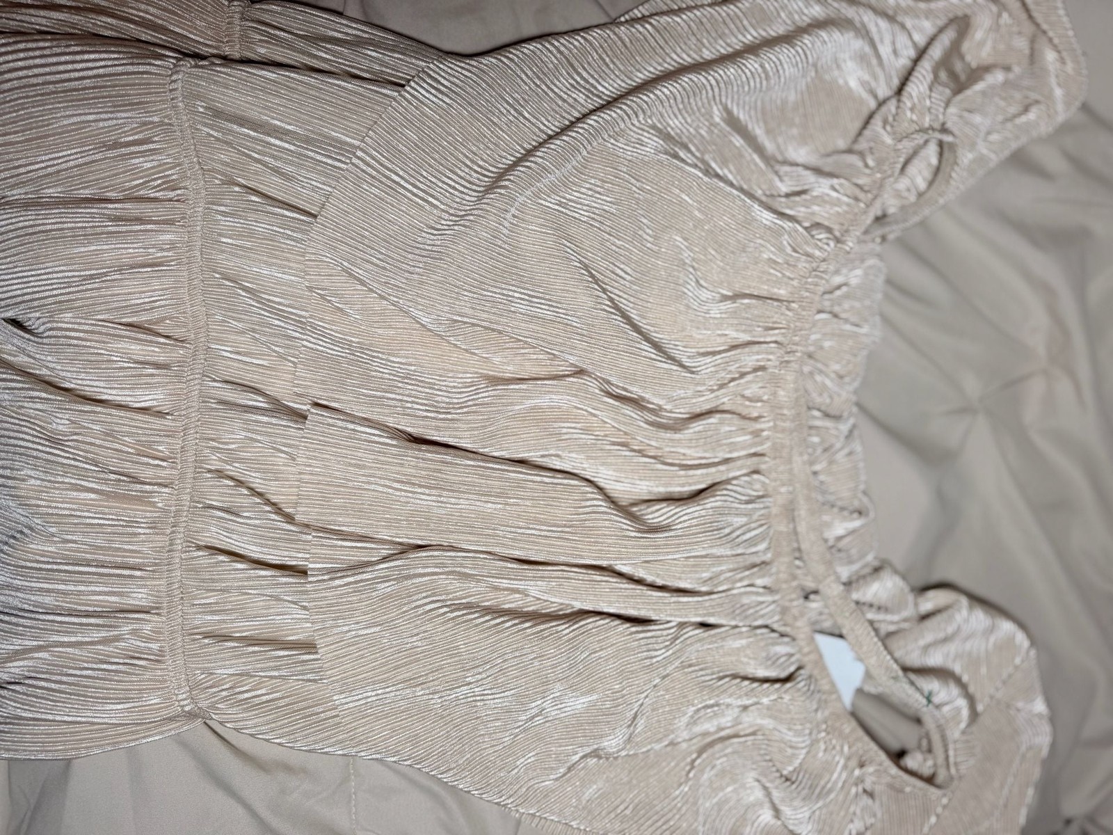 Bella Ella Boutique Slow Dancing Ribbed Off Shoulder Maxi Dress in Champagne