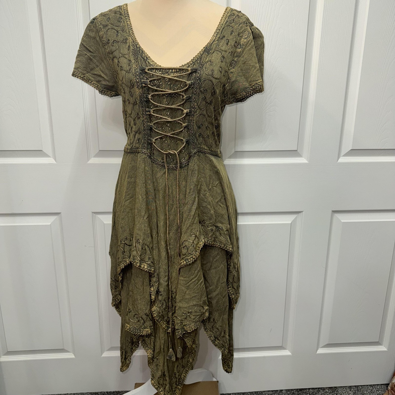 Flower Dress Womens Free Size Green Asymmetric Lace Up Boho Embroidered Hem