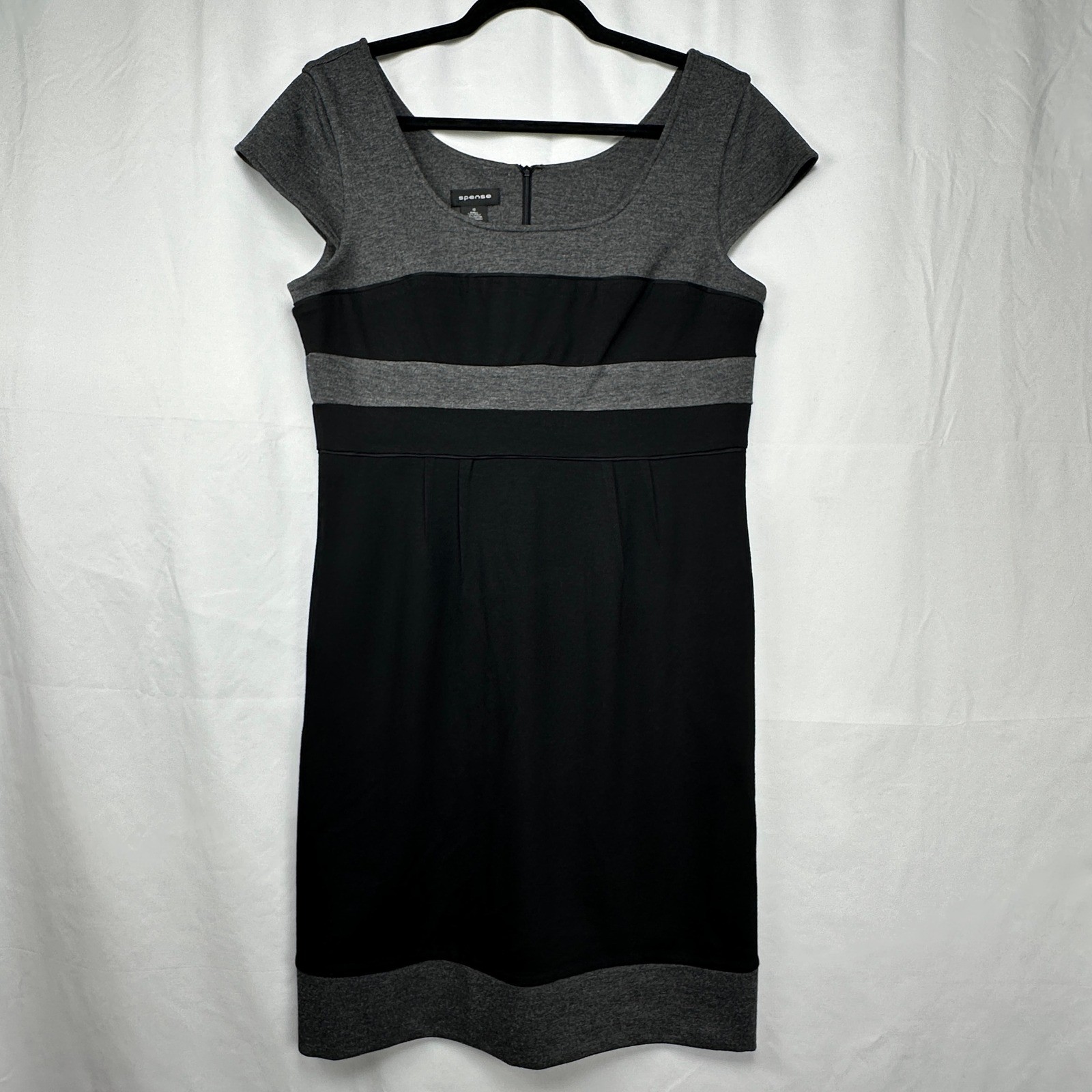 Preppy Classic Colorblock Sheath Dress Black Gray Cap Sleeve Spense Business Cas