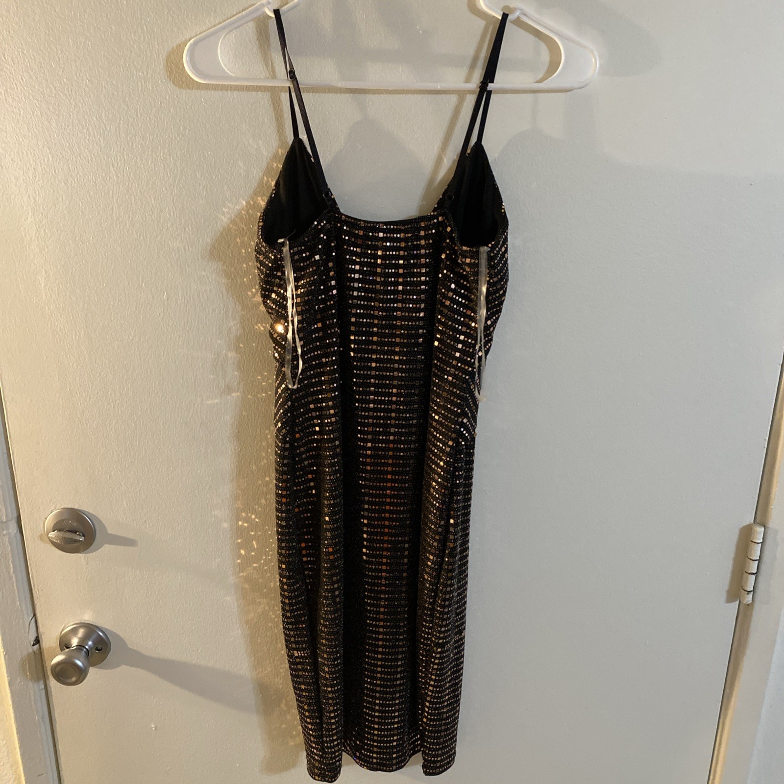 Cozy Fox Black And Gold Pullover Dress spaghetti strap open knee length Sz S
