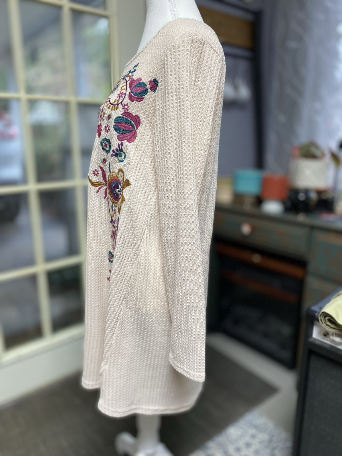 Umgee Waffle Knit Floral Embroidered Long Sleeve Dress Cream Small (p)