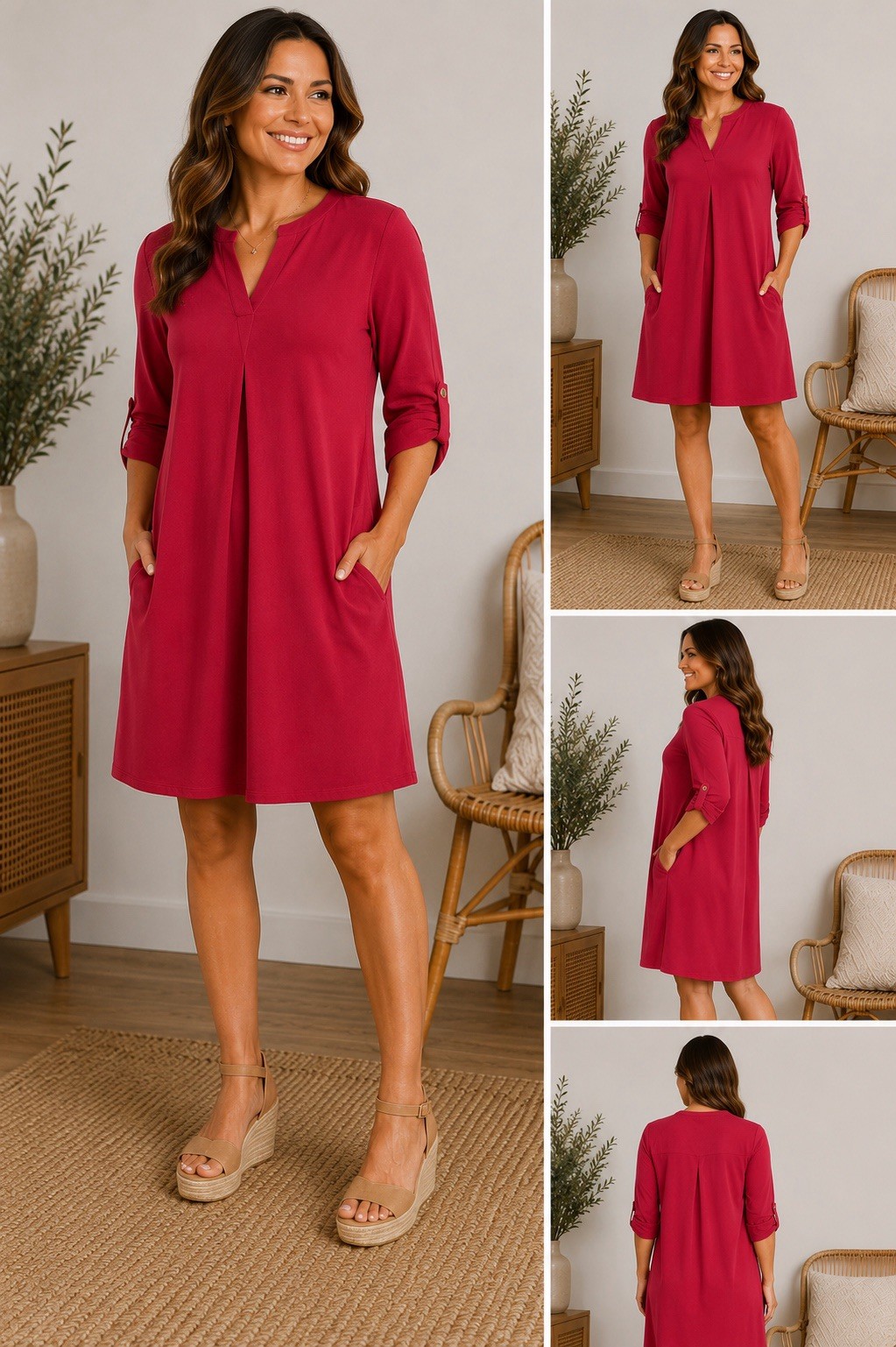 Dear Scarlett NWT Jewel Red Lizzy Dress Size Large 3/4 Roll Tab Sleeves Pockets