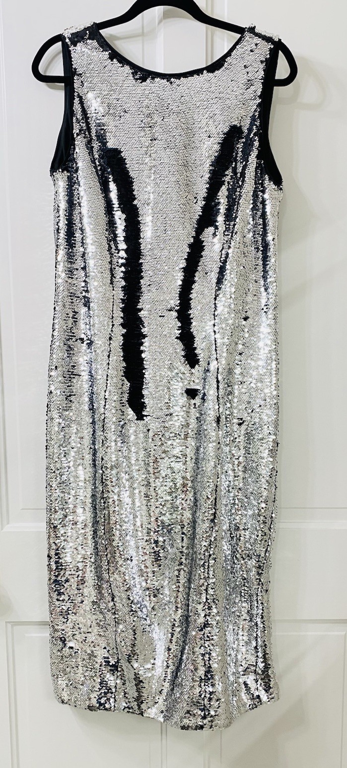 EVA MENDES Reverse Silver & Black Full Sequin Midi Sheath Dress Party Size L