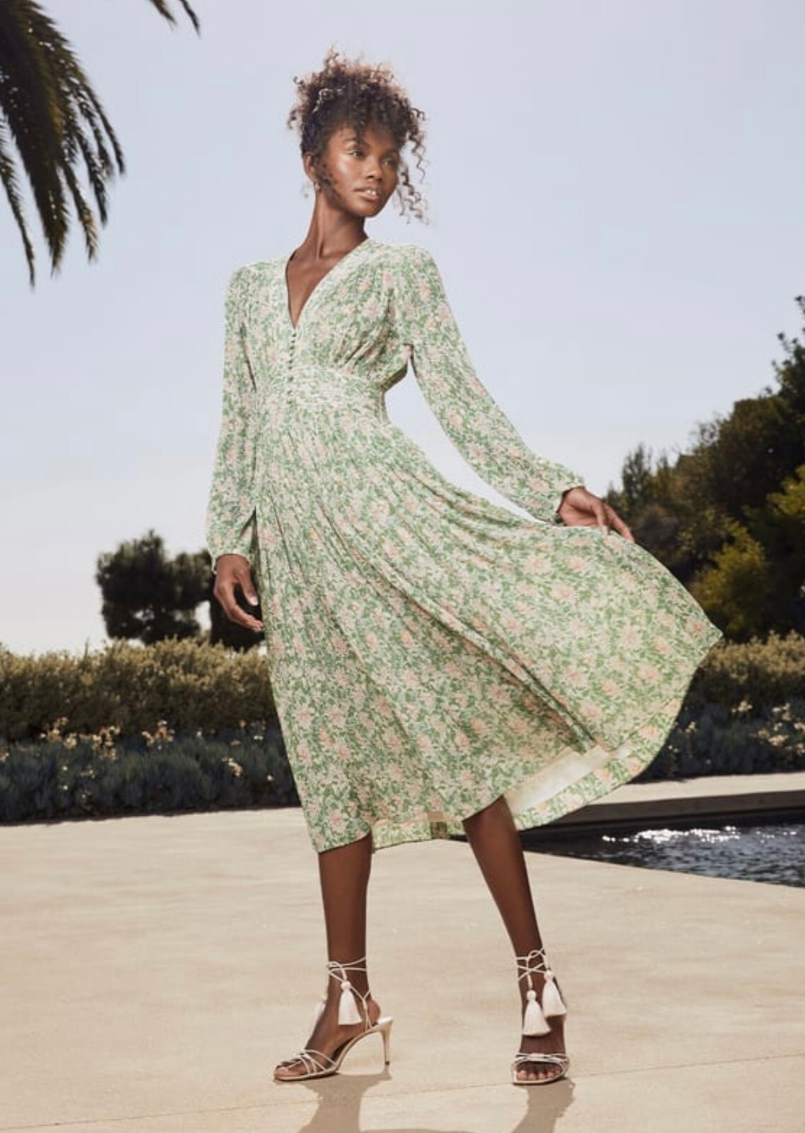 LULUS Green Floral Print Pleated Long Sleeve Midi Dress Small Spring Summer