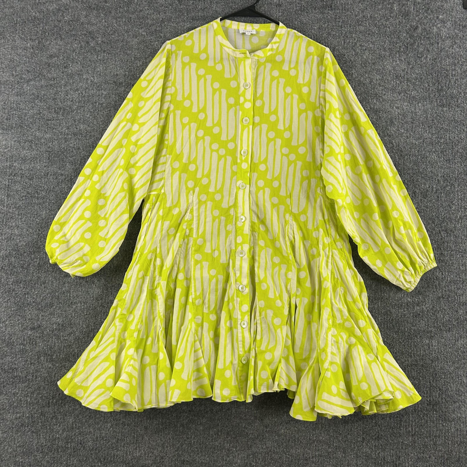 Rhode Dress Small Emma in Chartreuse Batik Geometric Shirt Ruffle Yellow Boho