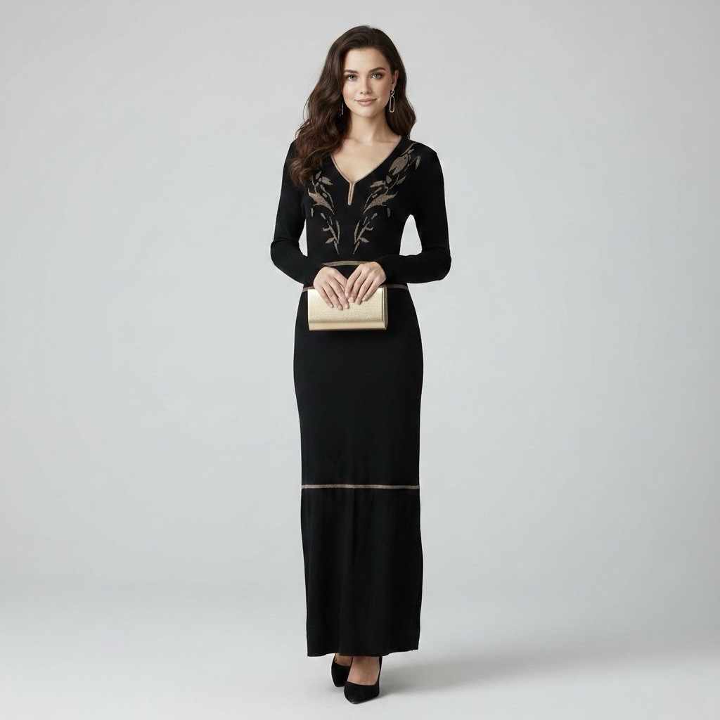 Eva Mendes Women’s Black Maxi Sweater Dress Size M Knit Stretch Formal Party
