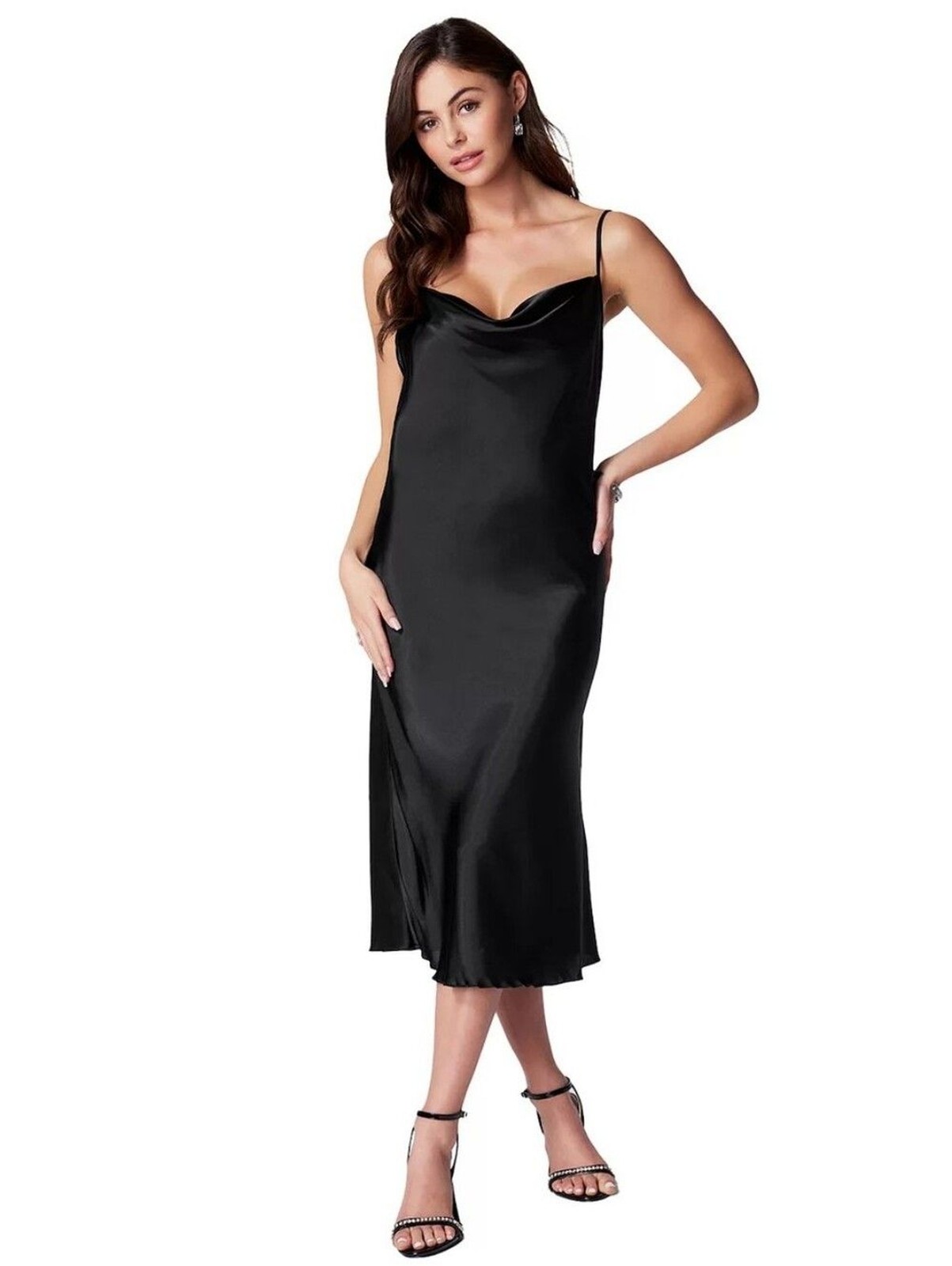 bebe Cowl Neck Satin Midi Slip Dress Black Small Slinky LBD Cocktail Party