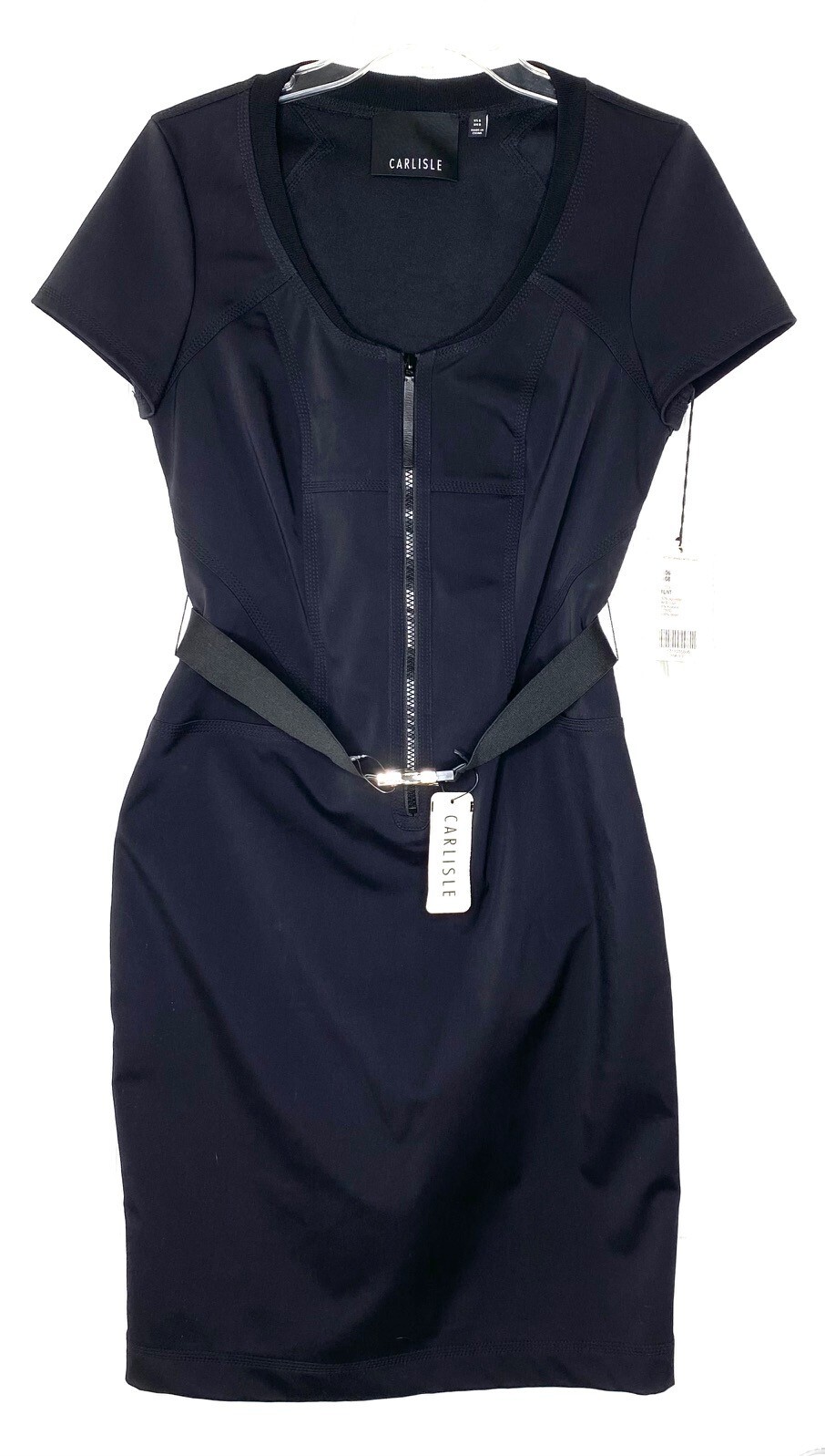 CARLISLE Black Belted Stretch Knit Slimming Half Zip Front Sheath Dress 6 US 8UK