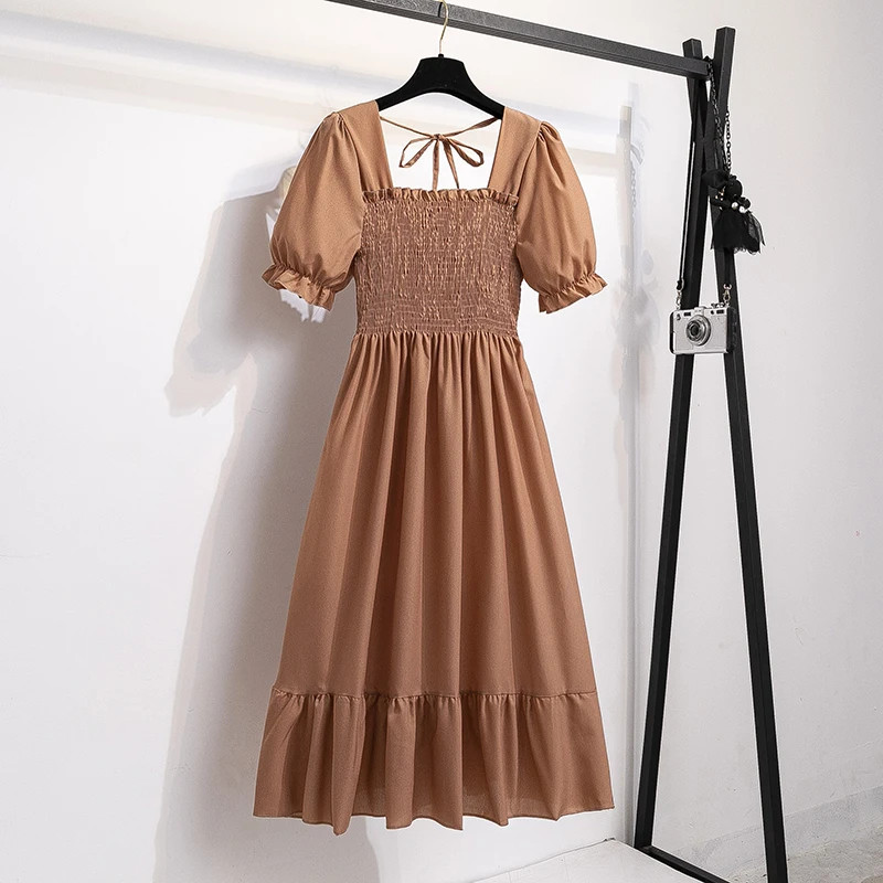 Spring Summer Chiffon Dresses Fashion Female Elastic Waist Short Sleeve Pleated