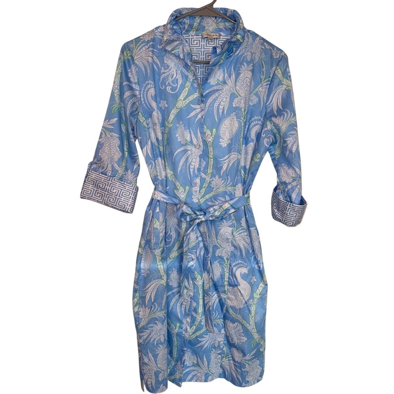 Patty Kim Blue Tropical Peacock Belted Shirt Dress Small