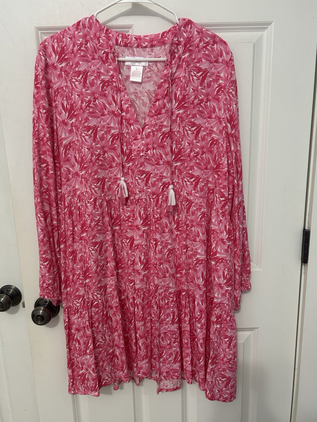 Stella Parker Floral Long Sleeve Dress Size Large Pink Preppy Coastal Chic