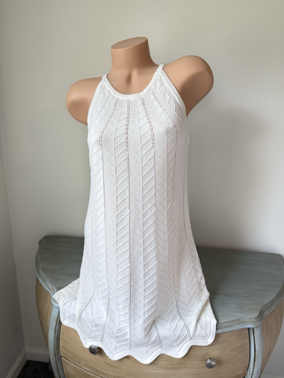 Joie Ivory Pointelle Knit Dress Womens L High Neck Chevron Cottage Chic Classic