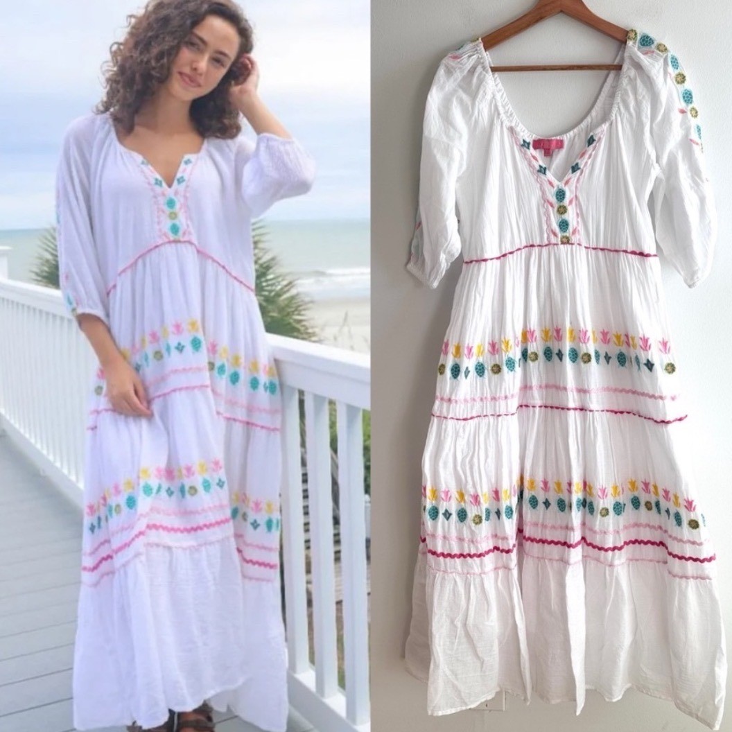 Simply Southern Embroidered Boho Peasant Dress White Cotton Cottagecore Beach S