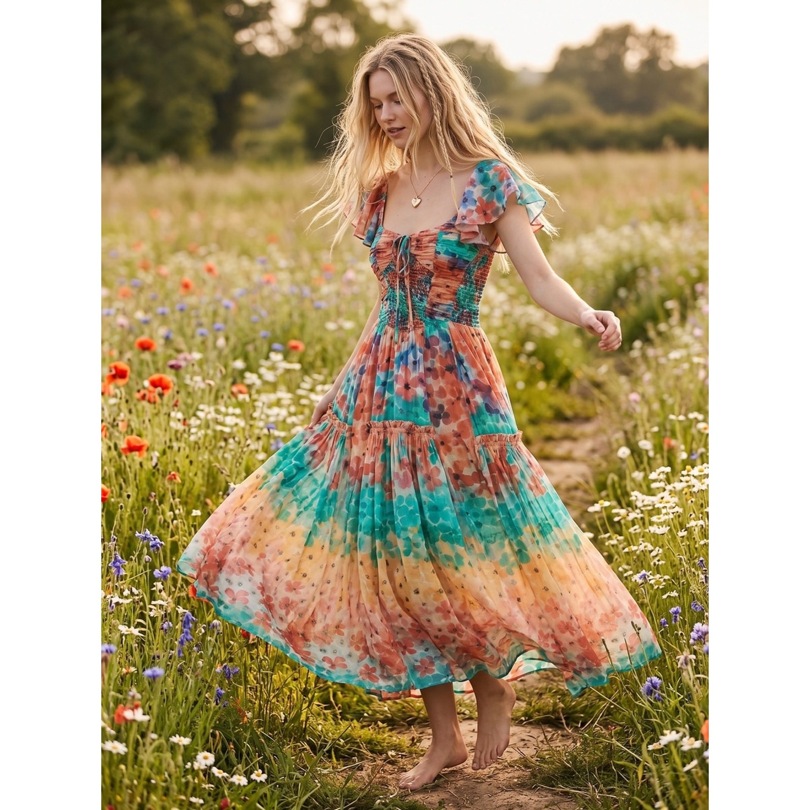 Free People Sunshine Maxi Dress in Soft Tropical Combo Size Medium NWT